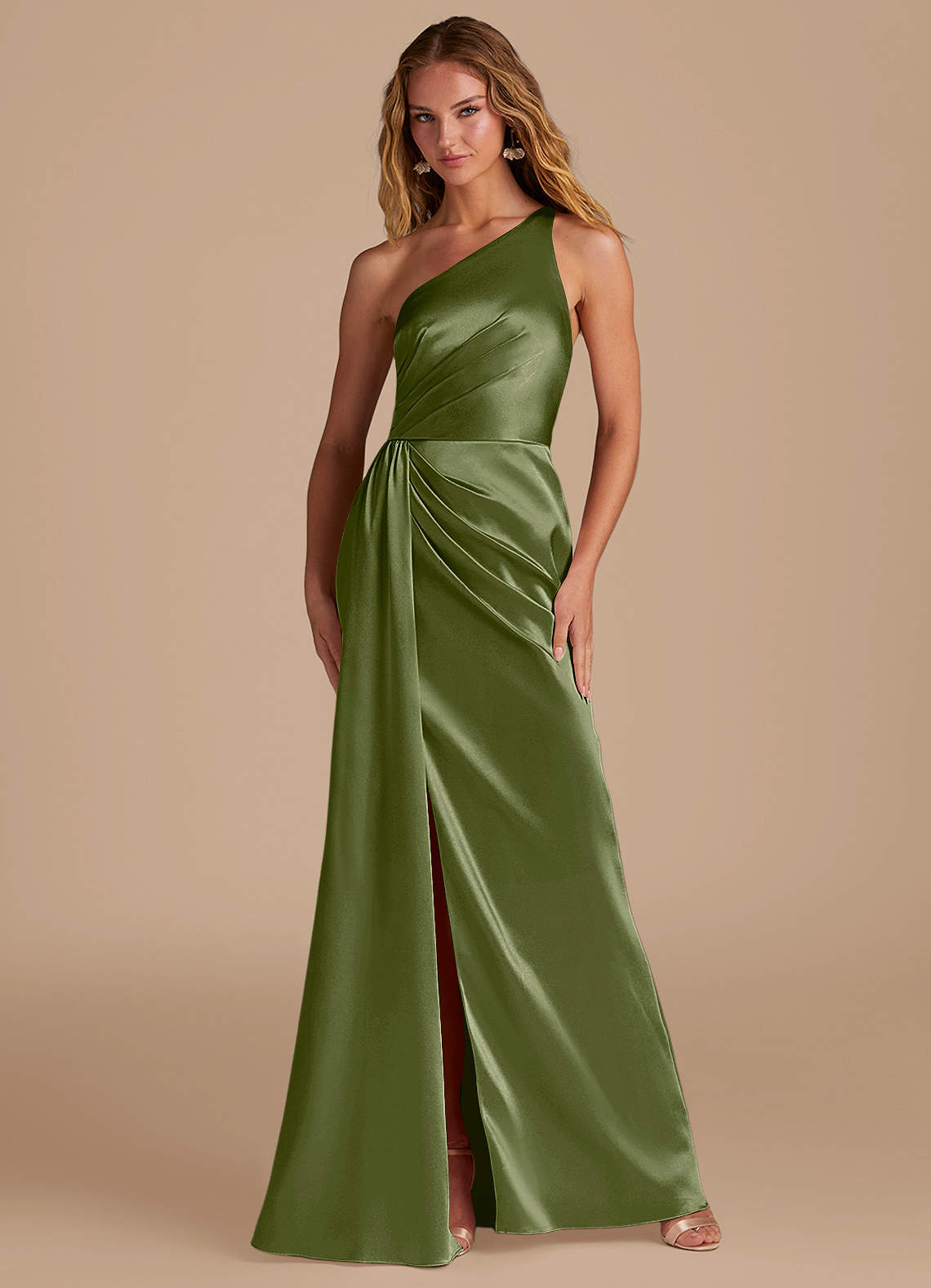 Azazie Mika Bridesmaid Dresses Olive Sheath One Shoulder Metallic Satin Dress image1