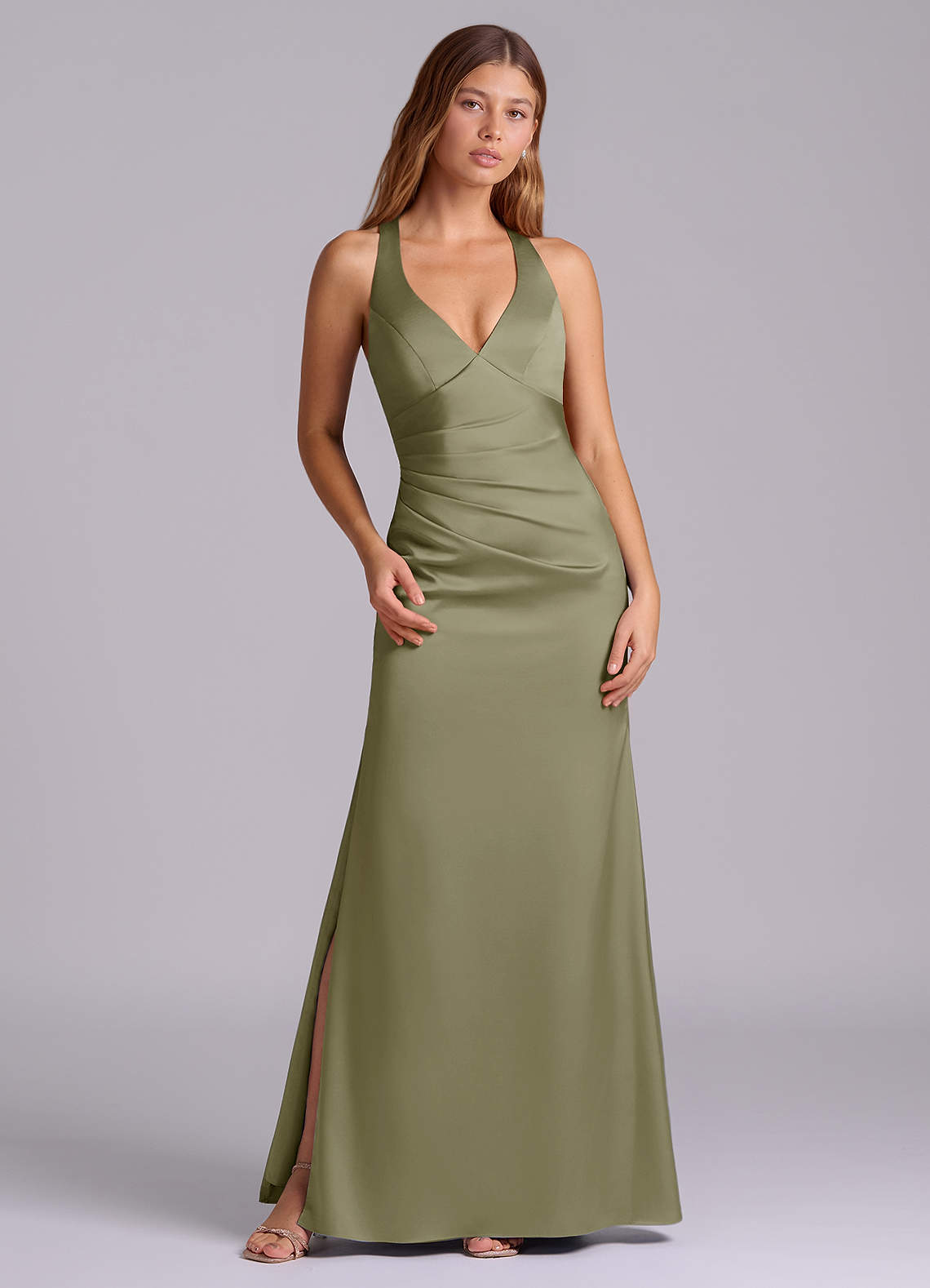 pistachio green satin dress Azazie Amelie link-moonlight-sequin-draped-long-sleeve-gown