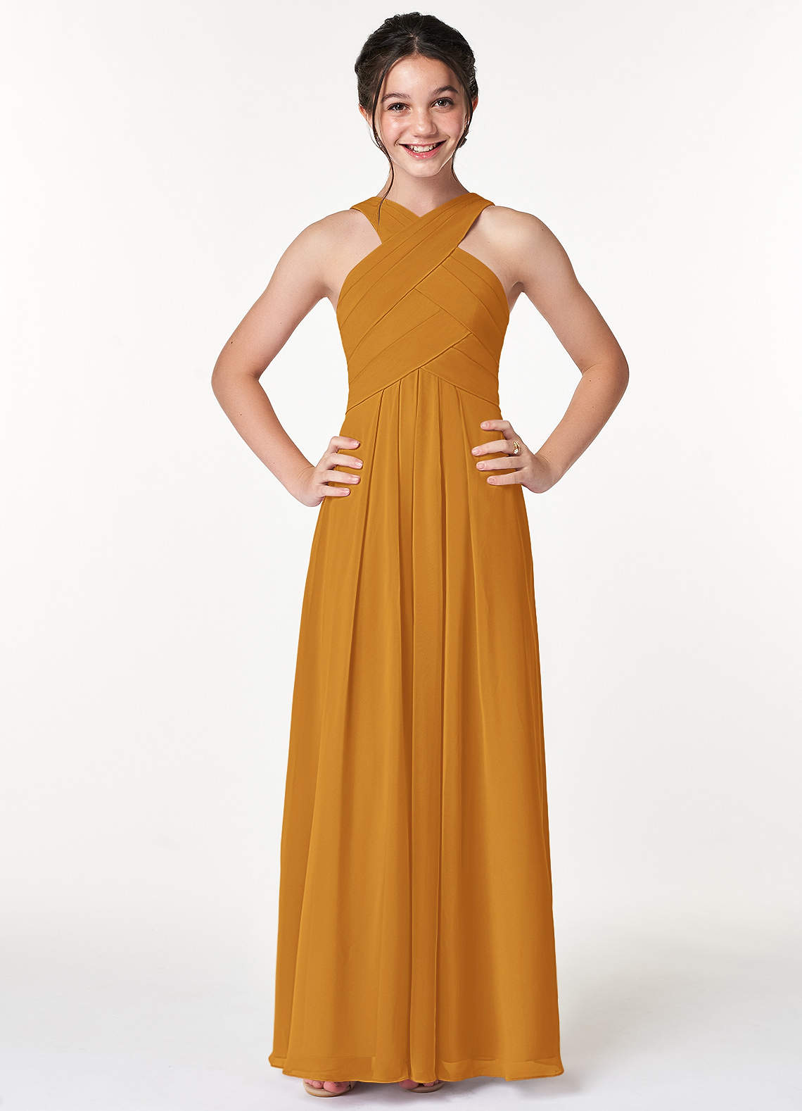 Azazie Kaleigh Junior Butterscotch A-Line Pleated Chiffon Dress image1
