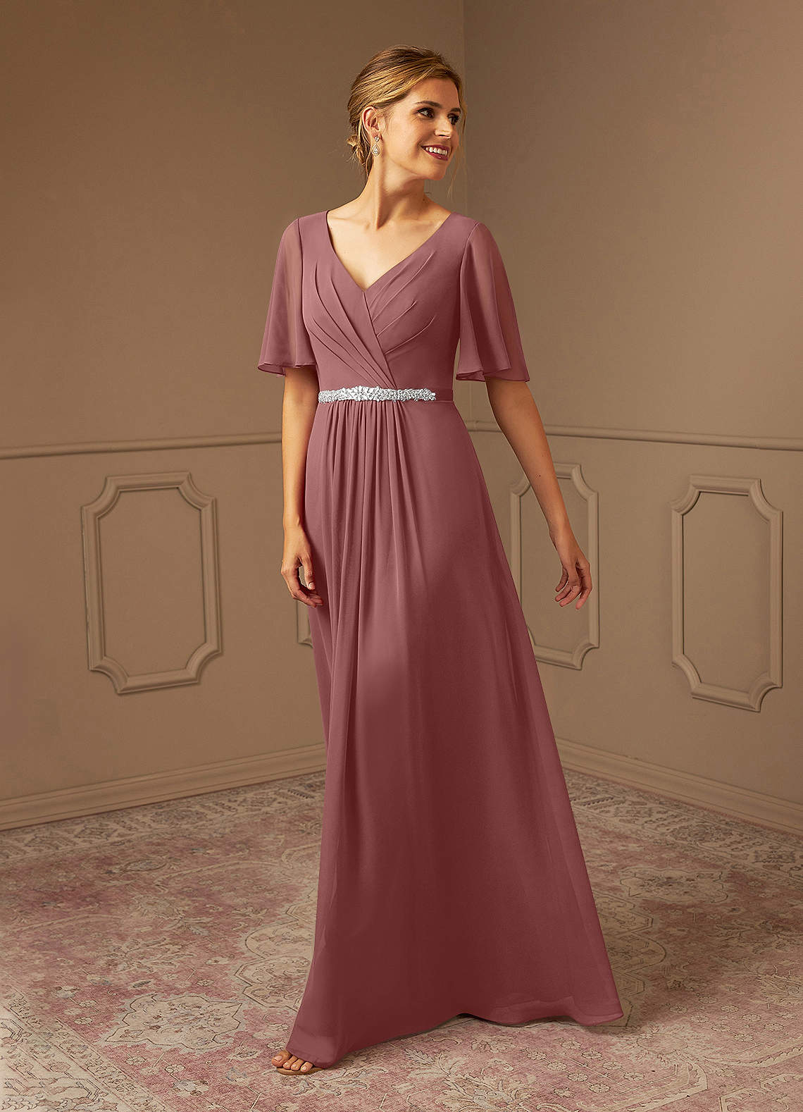 Azazie Tricia Mother of the Bride Dresses Desert Rose A-Line V-Neck Pleated Chiffon Dress image1