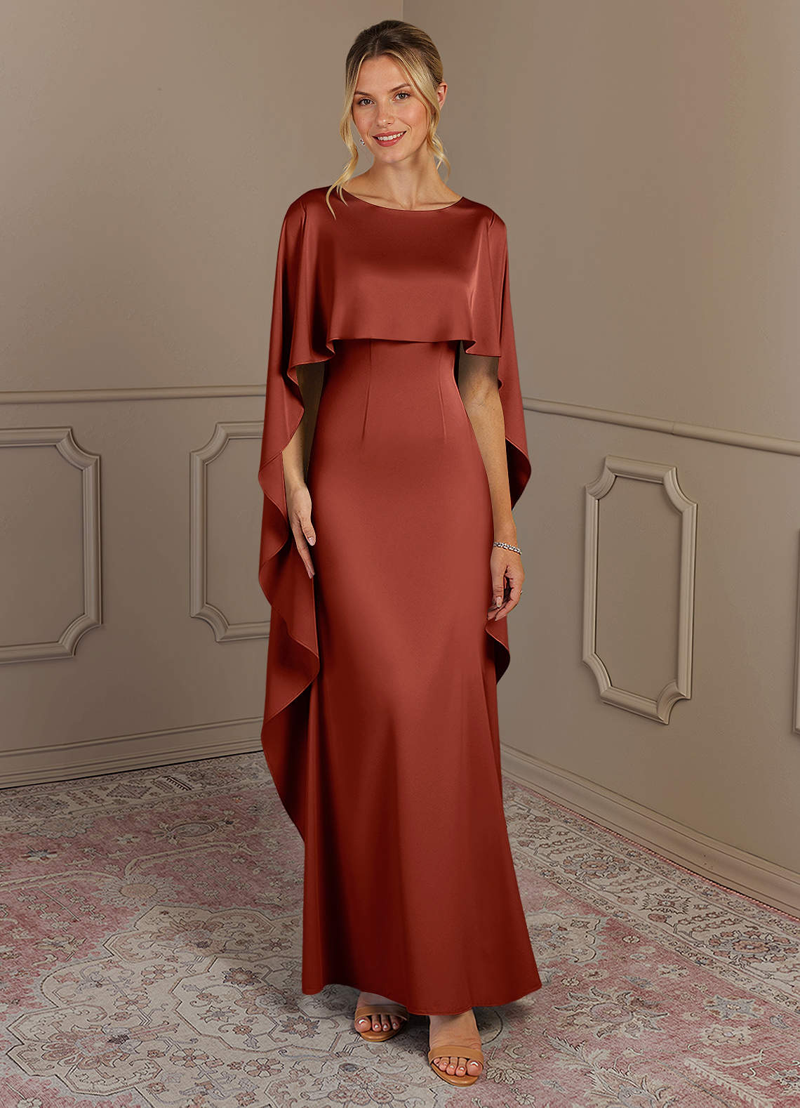 Azazie Eli Mother of the Bride Dresses Terracotta Sheath Boatneck Stretch Satin Dress image1