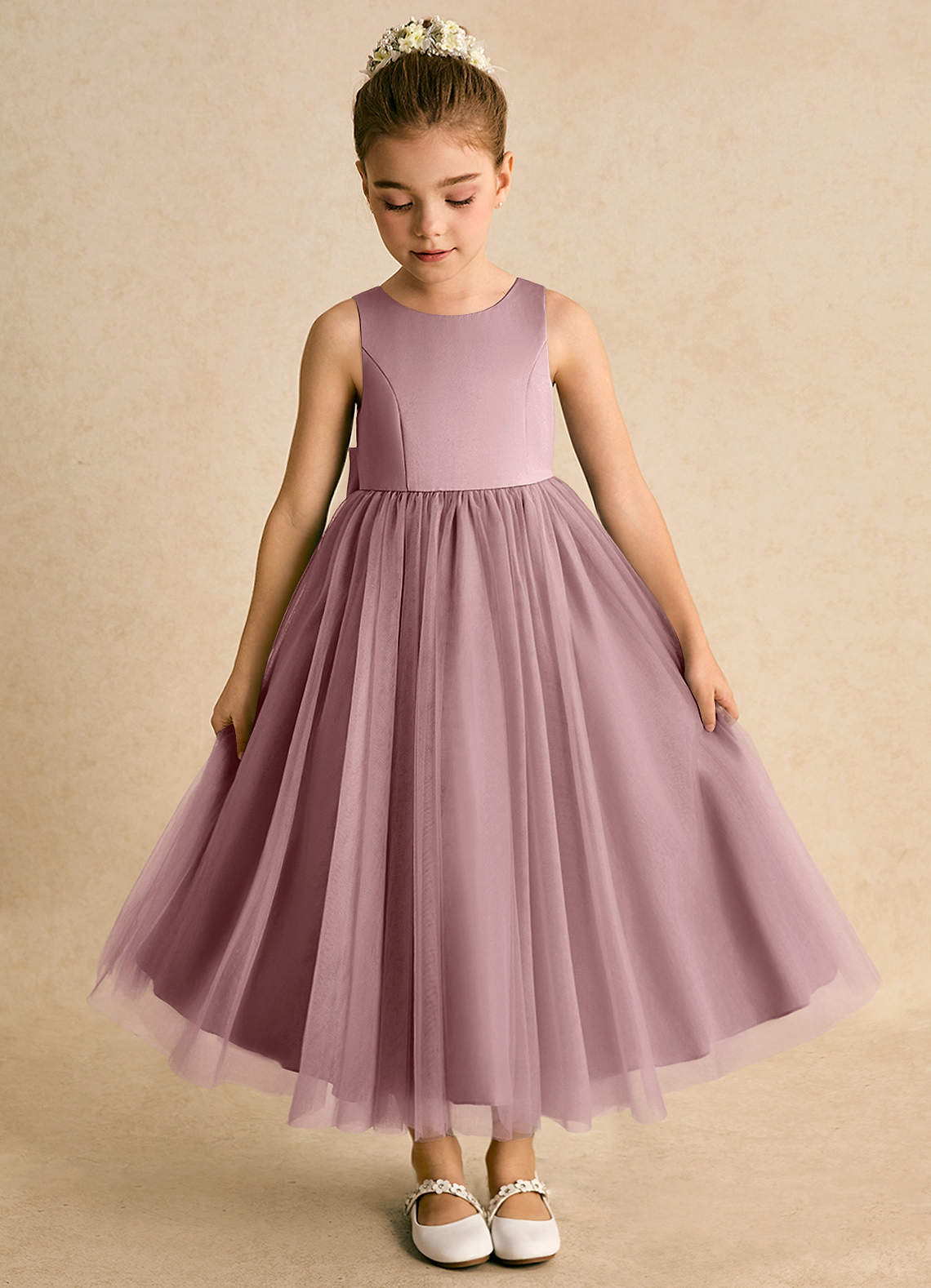 Azazie Solia Abiti da Ragazza di Fiori Abito Principessa in Tulle Fiocco Rosa Polverosa image5