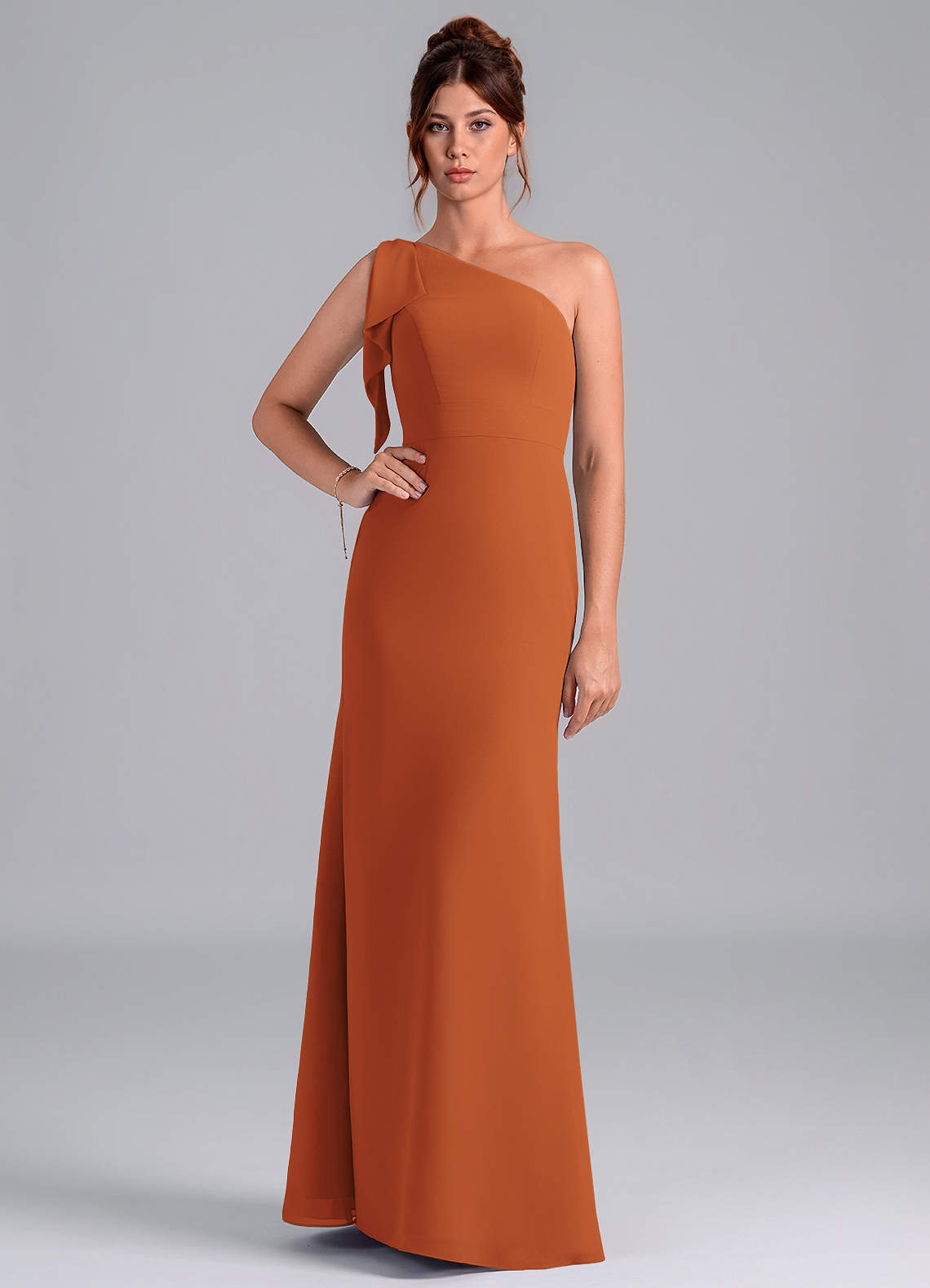 Azazie Rinna Bridesmaid Dresses Cinnamon Mermaid One Shoulder Chiffon Dress image1