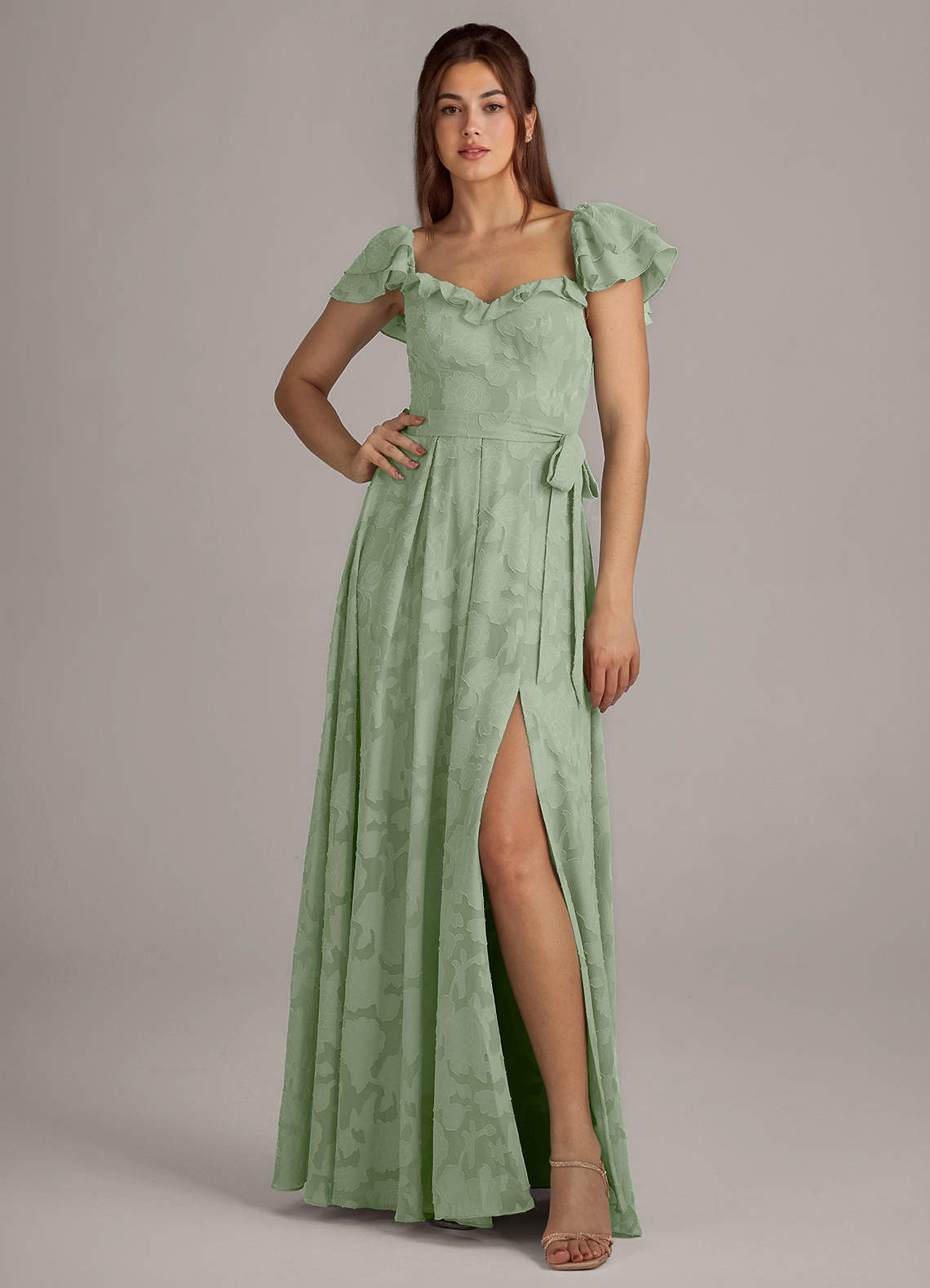 Azazie Aricella Brautjungfernkleider A-Linie Korsett Blumen-Burnout Kleid Staubiger Salbeigrün image1
