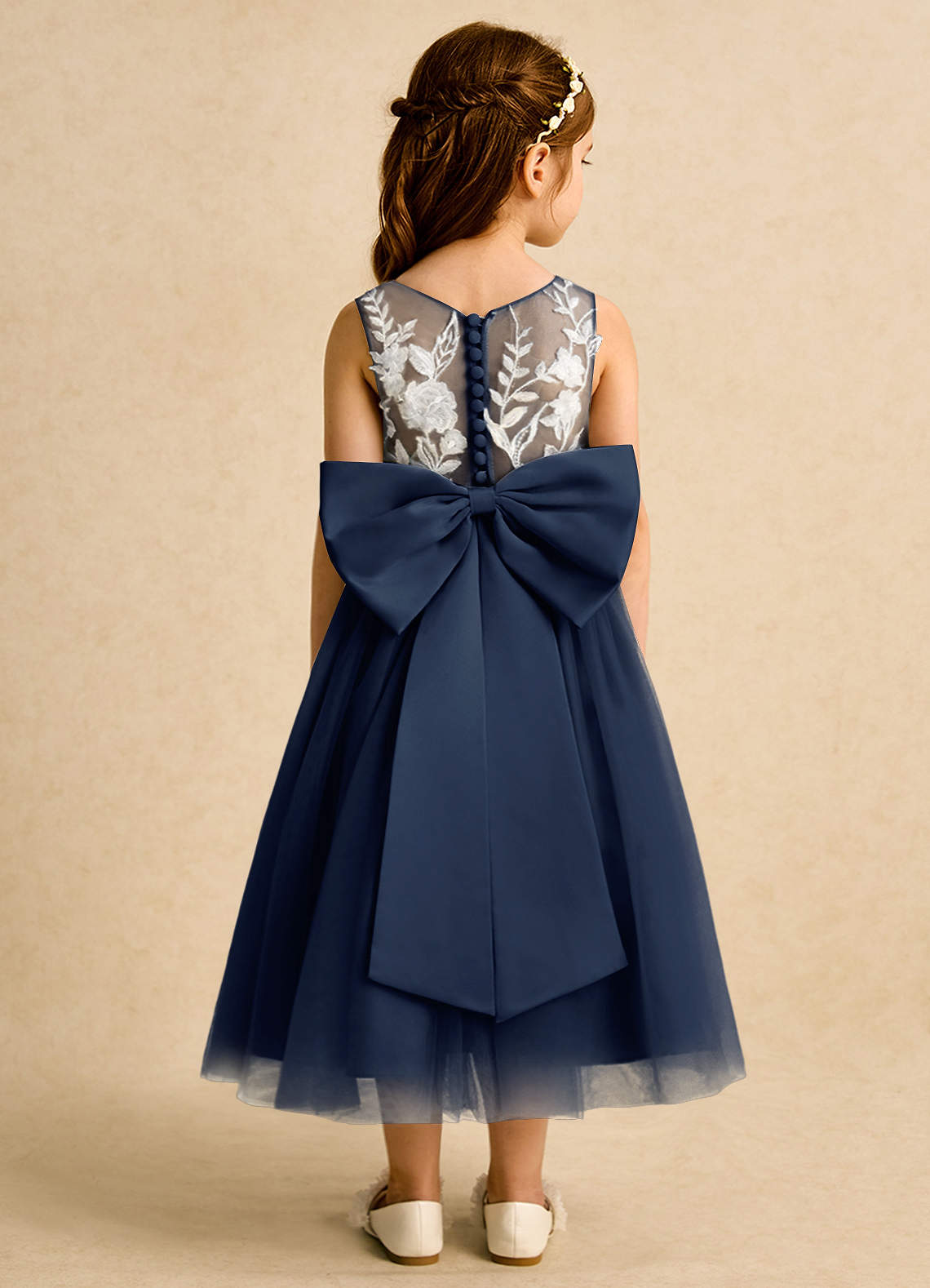 Azazie Sundae Flower Girl Dresses Dark Navy Ball-Gown Lace Dress image1