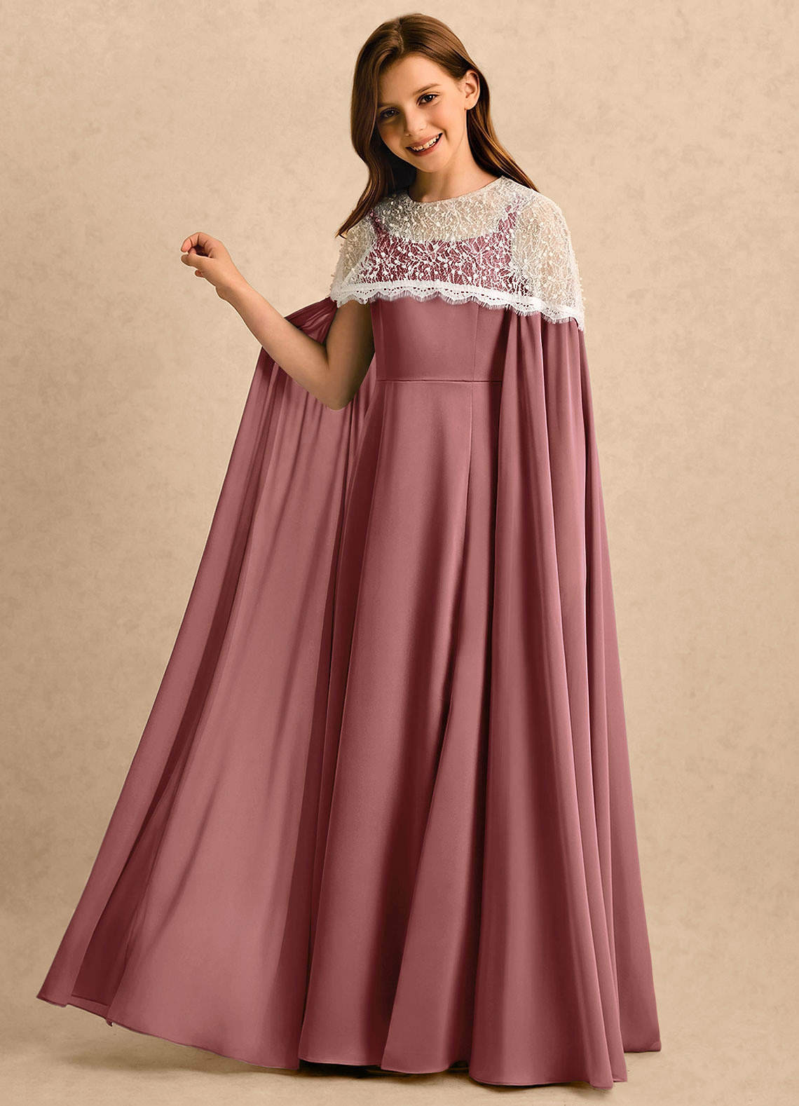 Azazie June Girls Formal Amethyst A-Line Lace Stretch Satin Dress