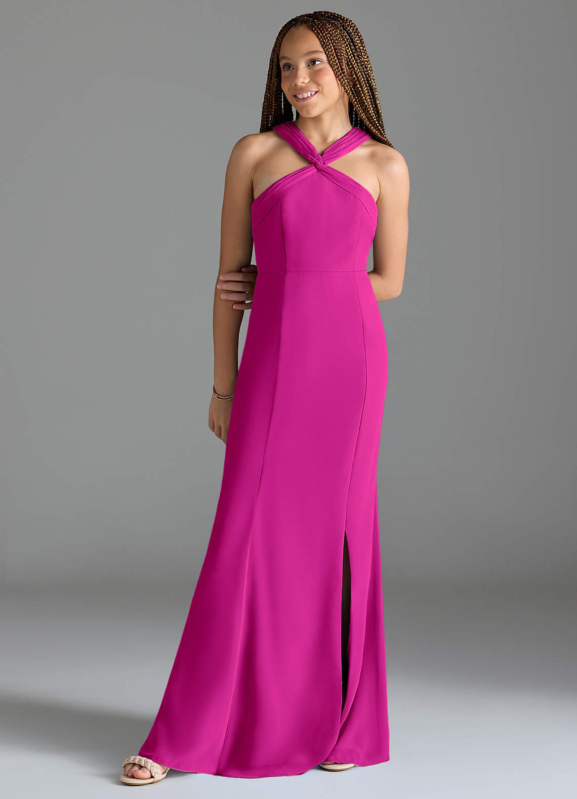 Azazie Rue Junior Robe Sirène en Mousseline de soie Fente Latérale Fuchsia image1