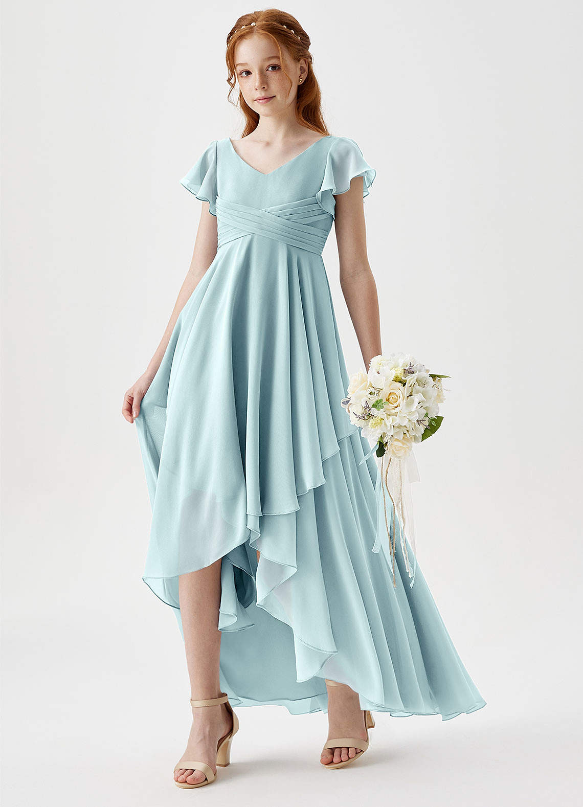 Azazie Caria Junior Sea Glass A-Line Pleated Chiffon Dress image1