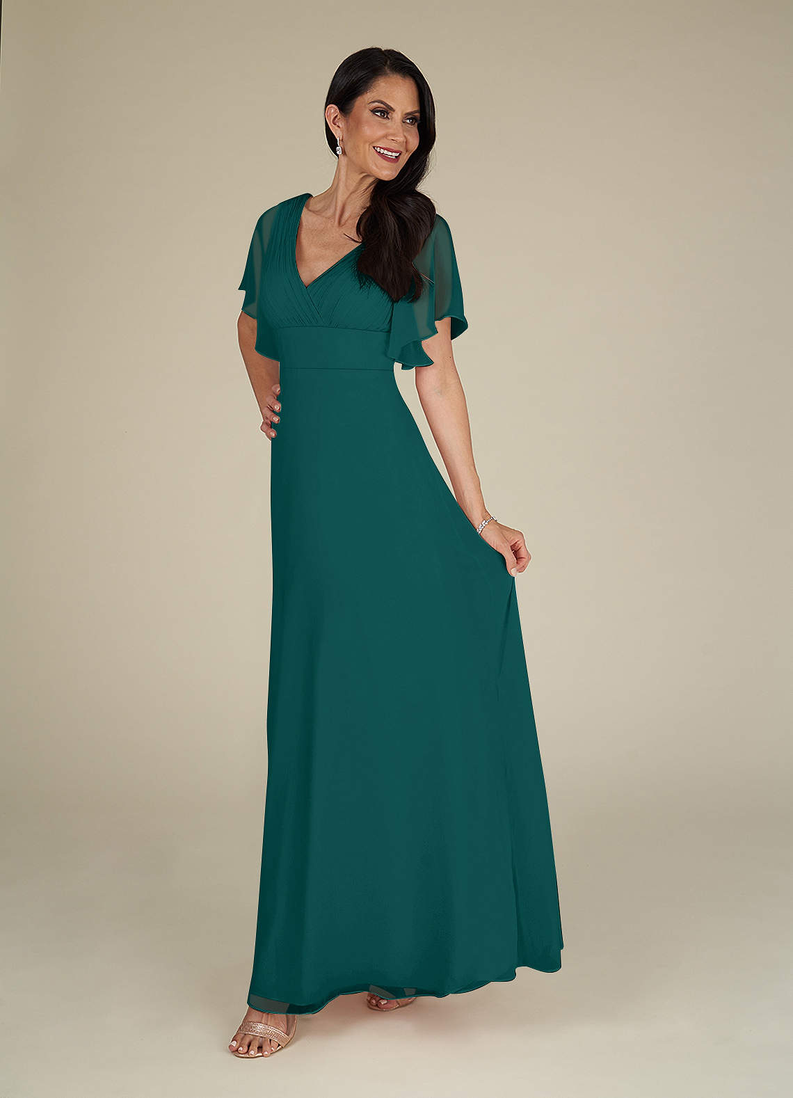 Peacock Azazie Alessa Peacock A-Line V-Neck Pleated Chiffon Dress | Azazie