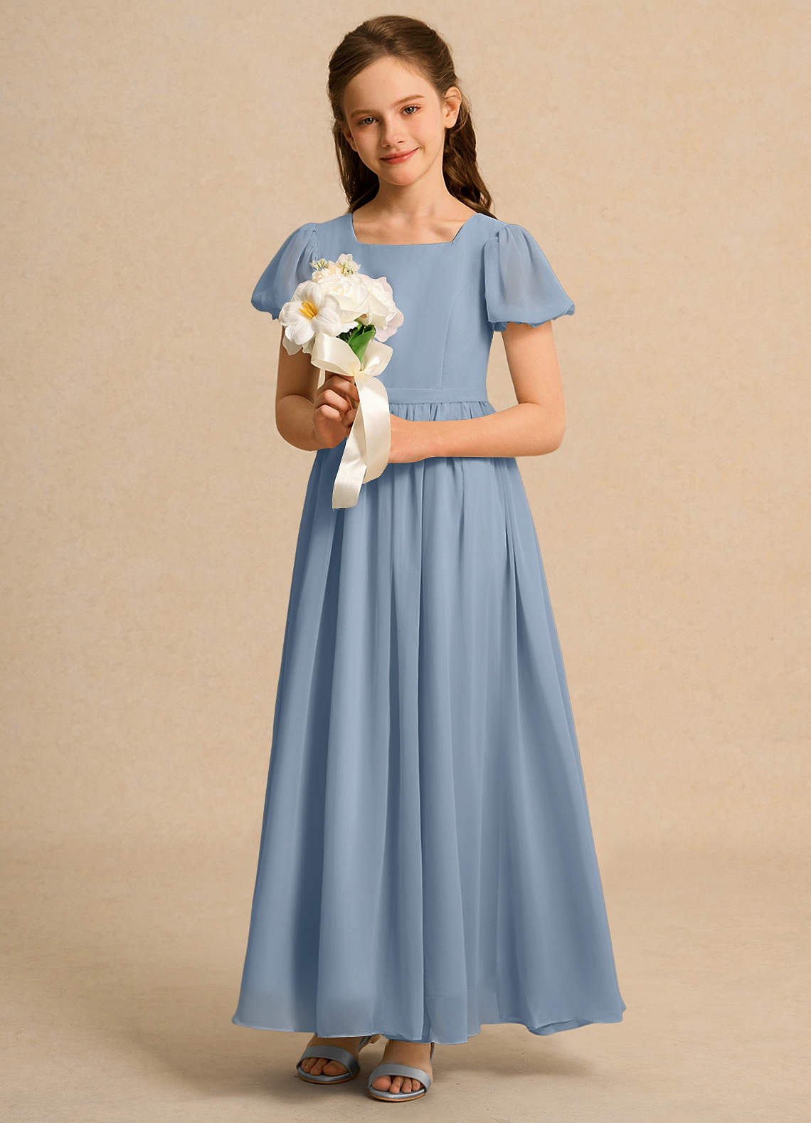 Azazie Lilia Girls Formal Flower Girl Dresses Dusty Blue A-Line with Sleeves Chiffon Dress image3