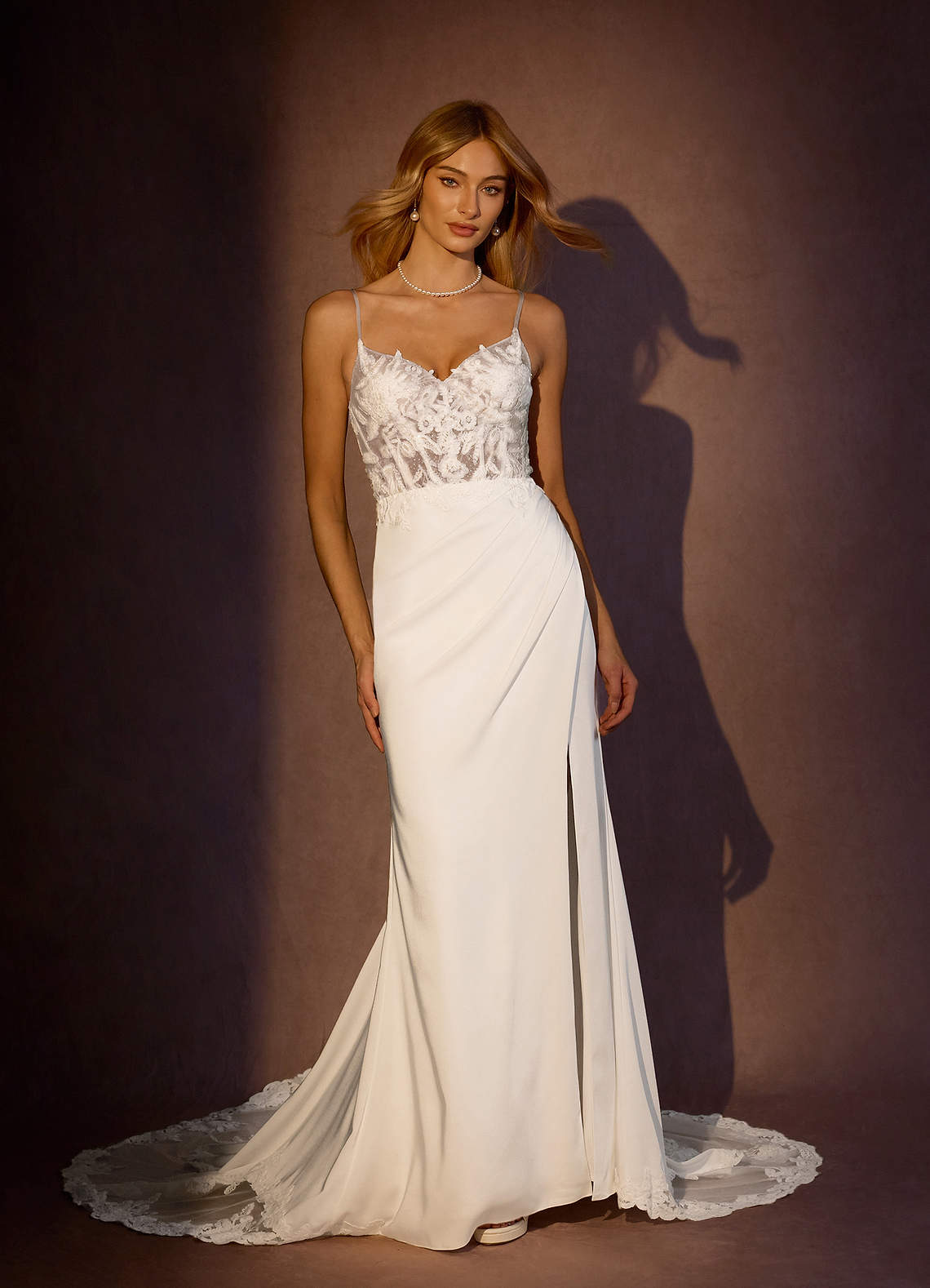 Azazie Rosalina Diamond White Cocoa Mermaid V-Neck lace Crepe Back