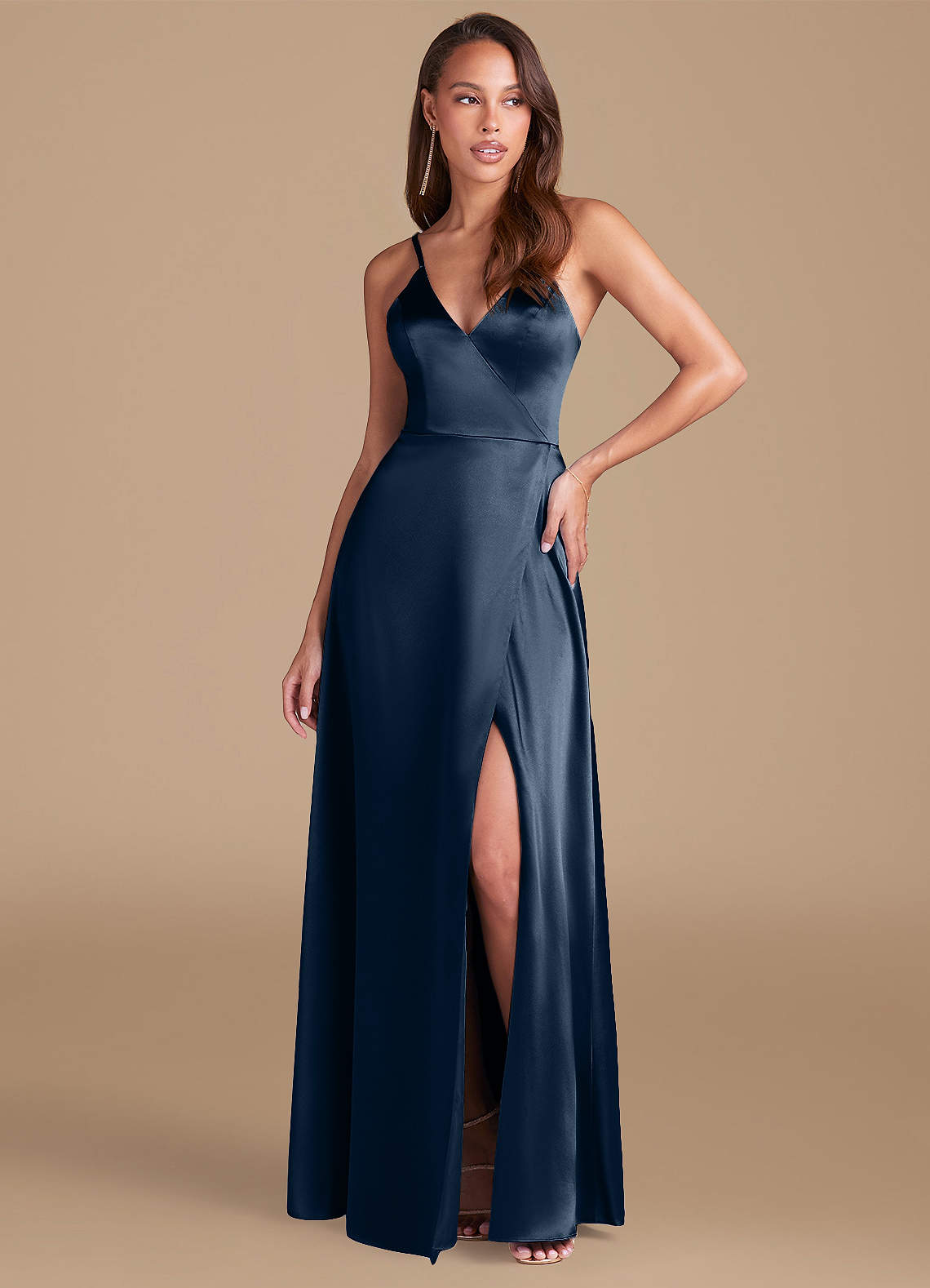 Azazie Maksim Bridesmaid Dresses Dark Navy A-Line Metallic Satin Dress image1