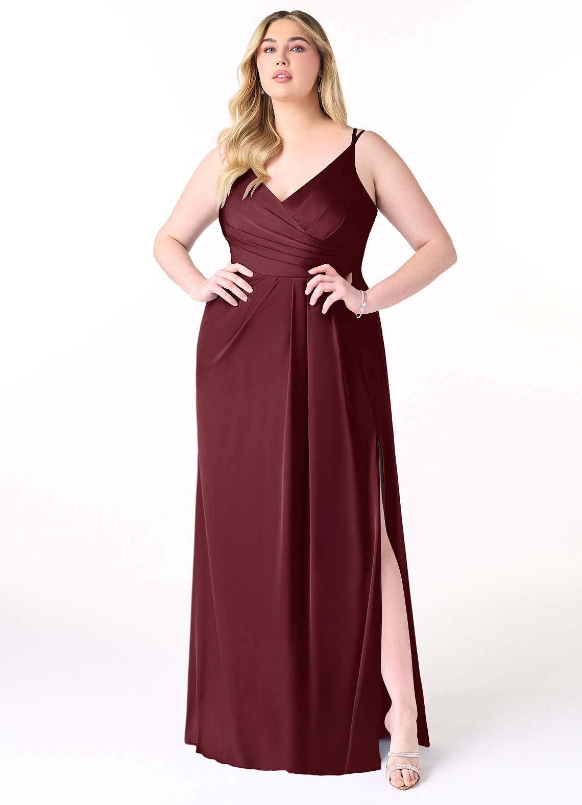 Azazie Aqua Bridesmaid Dresses Cabernet A-Line V-Neck Pleated Stretch Satin Dress image1