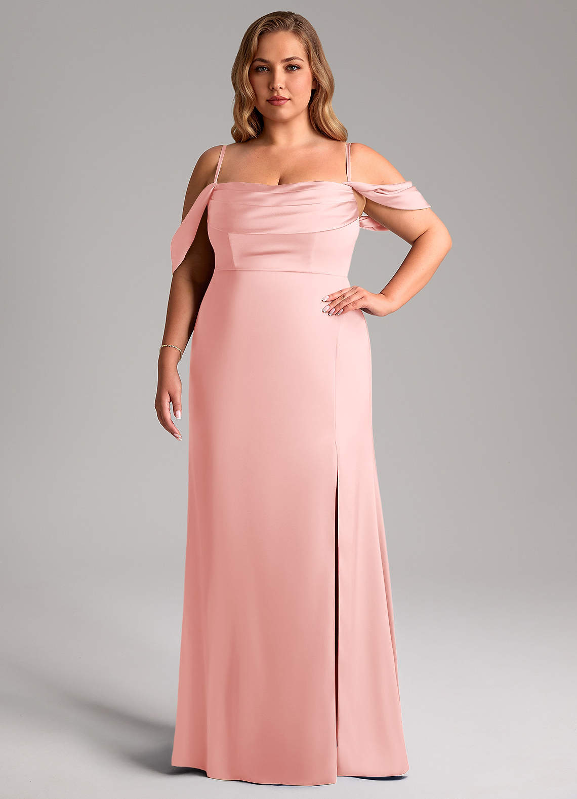 Azazie Saige At-home Try On Dresses Amethyst Sheath Off the Shoulder Stretch Satin Dress image15