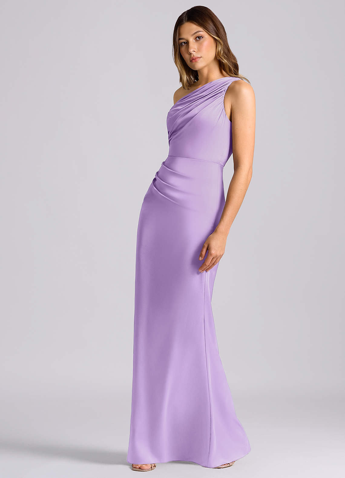 Azazie Akilah Bridesmaid Dresses Lilac Mermaid One Shoulder Stretch Satin Dress image4