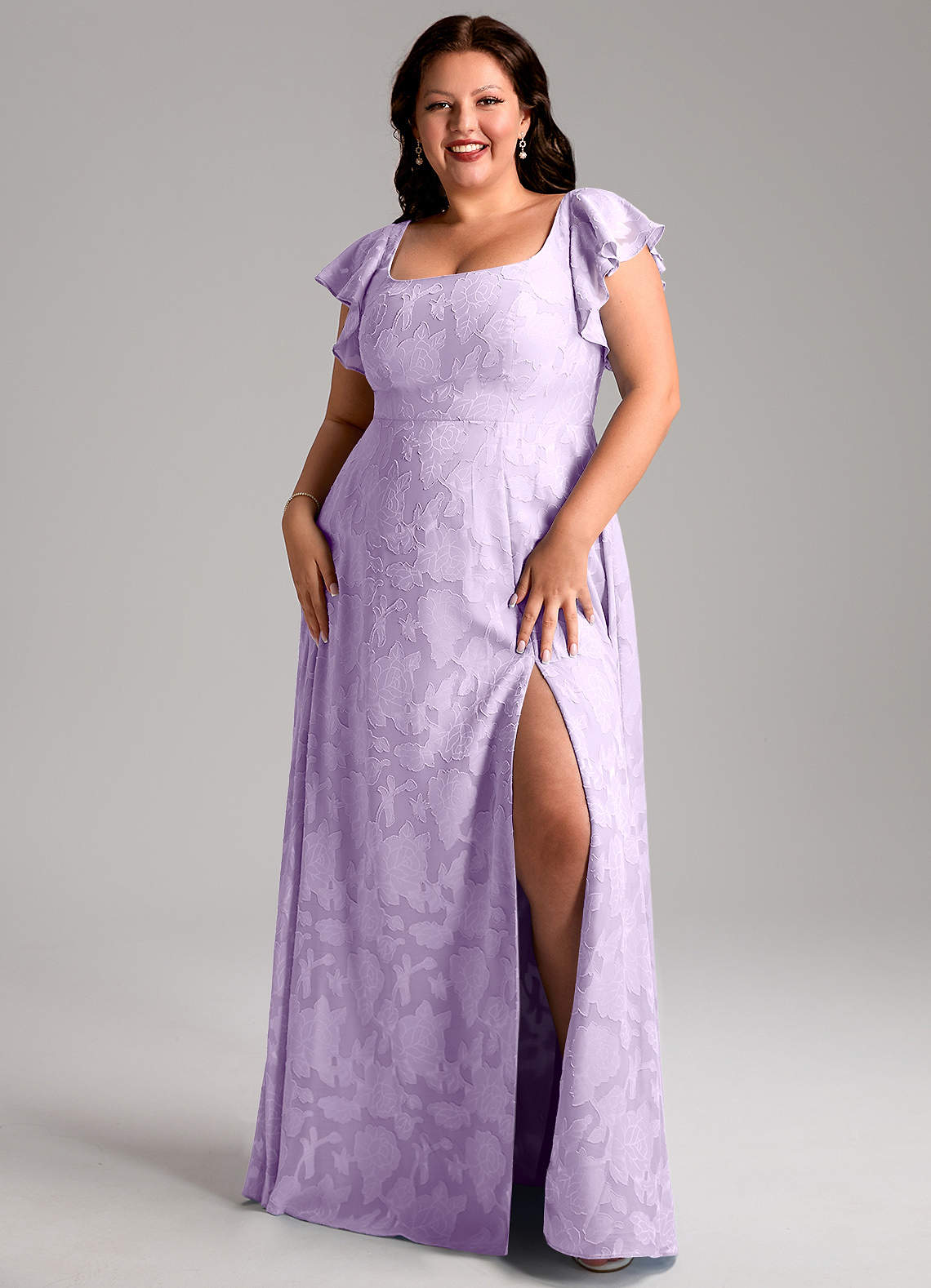 Azazie Bondi Bridesmaid Dresses Lilac A-Line Side Slit Floral Burnout Dress image1