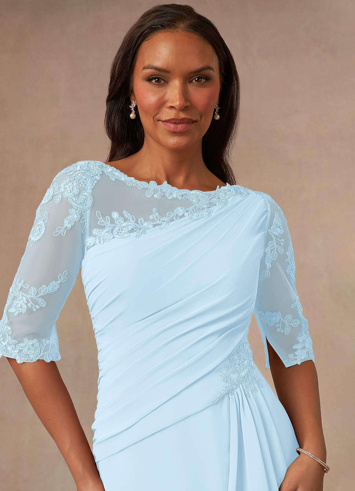 Azazie Dionysus Mother of the Bride Dresses Sky Blue A-Line Boatneck Lace Chiffon Dress image3