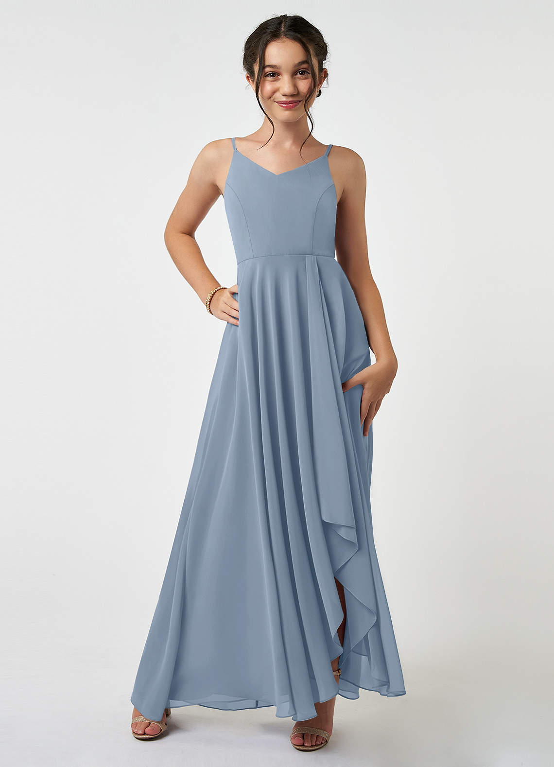 Azazie Collette Junior Dusty Blue A-Line Ruched Chiffon Dress image1