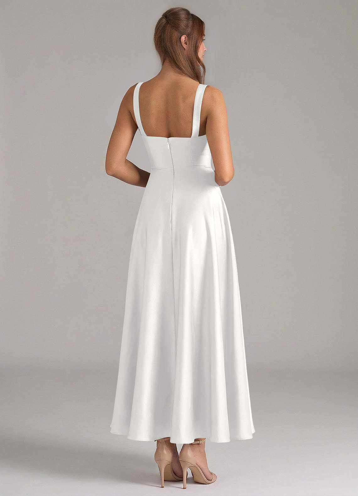 Azazie Shaude Bridesmaid Dresses White A-Line Pleated Stretch Satin Dress image5