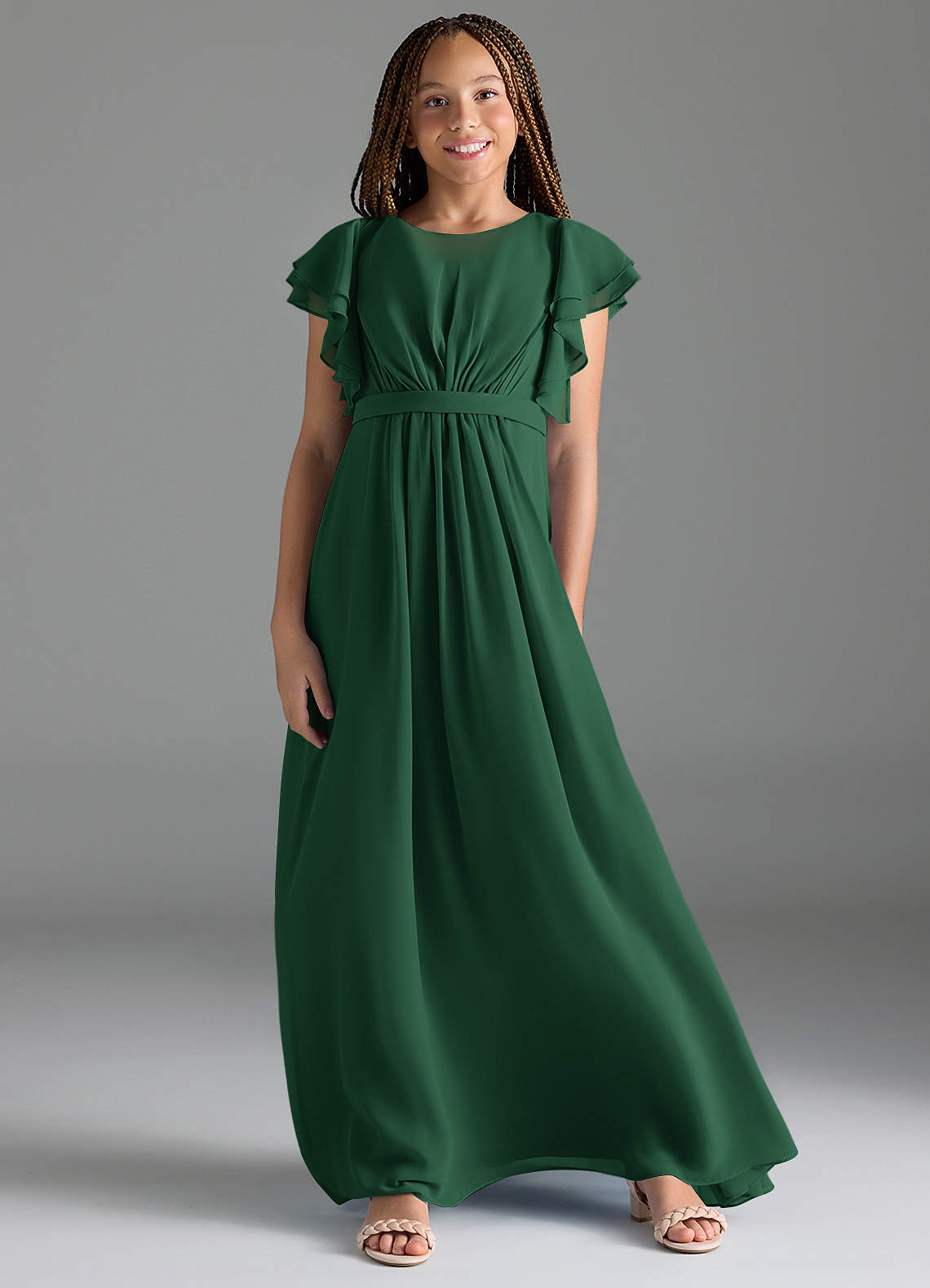 Azazie Daphne Junior Abito A-Line in Chiffon Plissettato Verde Scuro image1