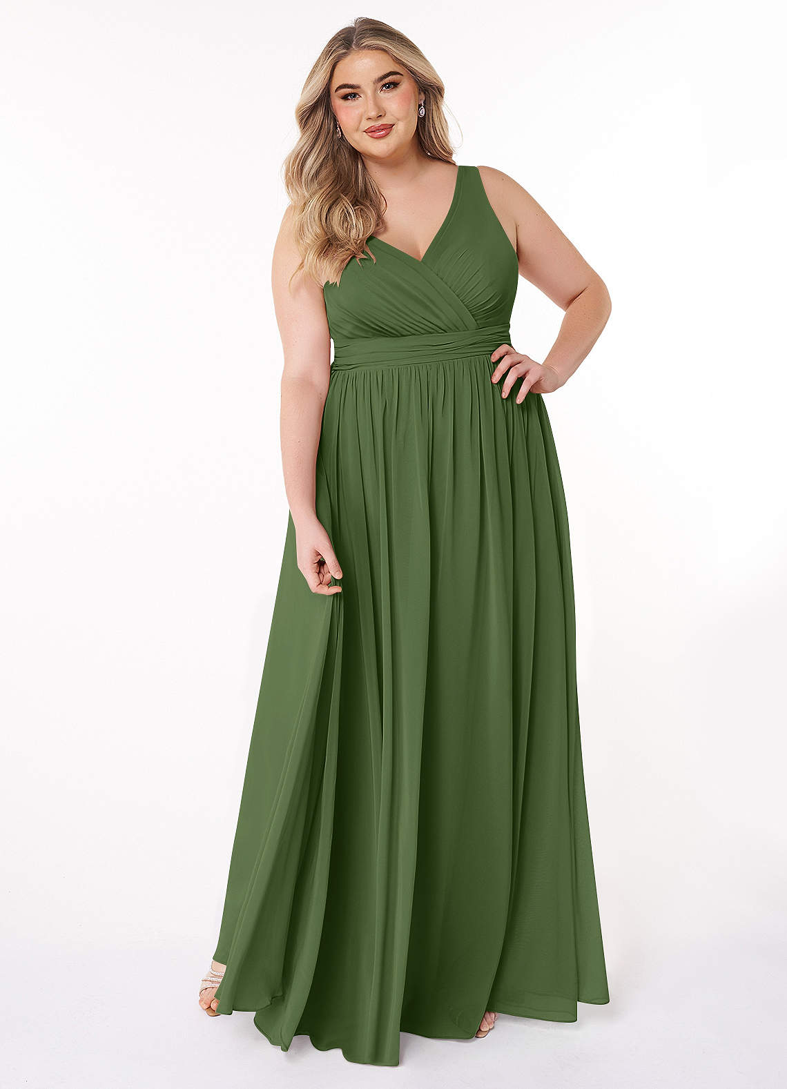 Azazie Kora Bridesmaid Dresses Olive A-Line Pleated Chiffon Dress image1