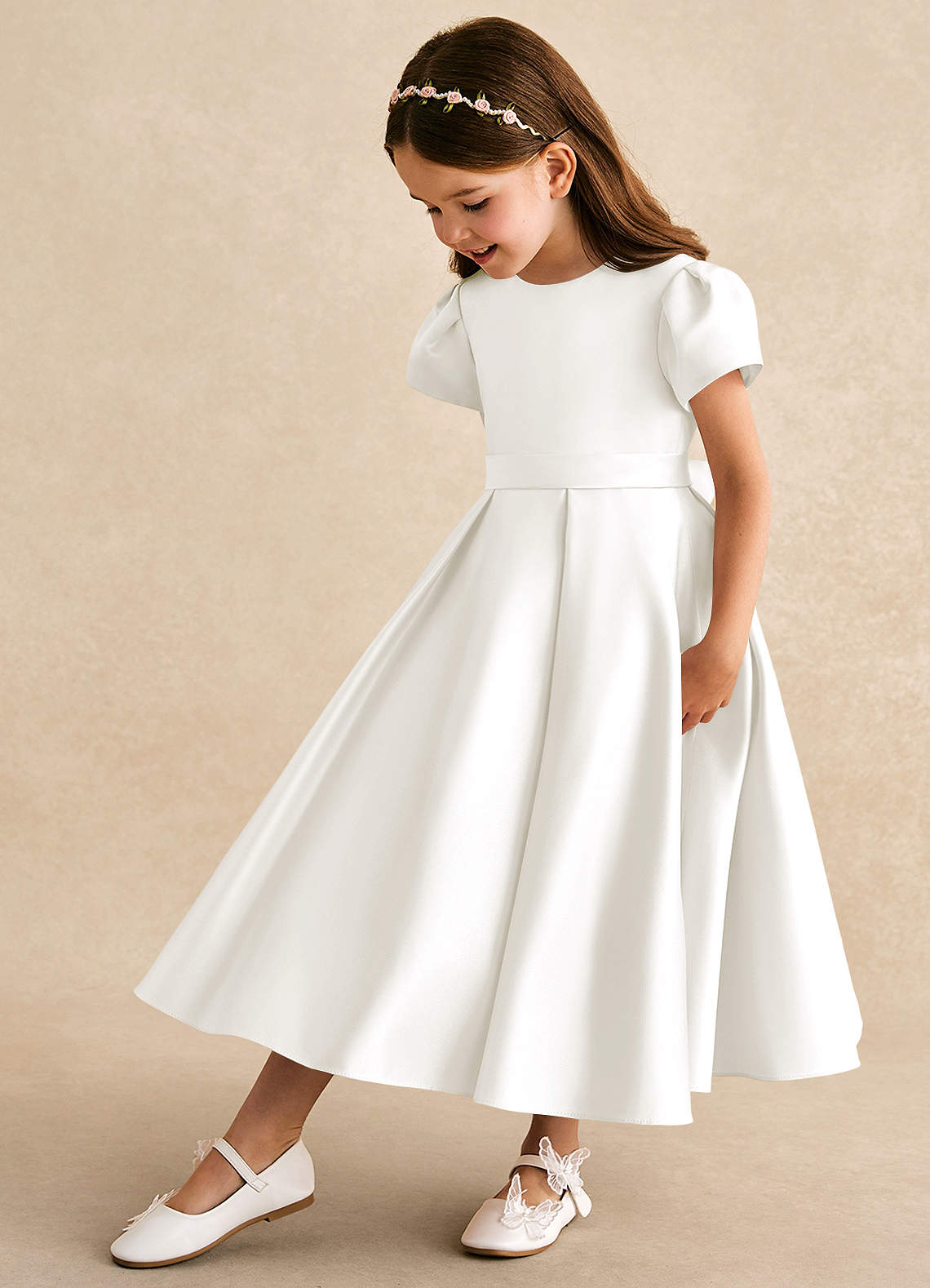 Azazie Princess Flower Girl Dresses Ivory A-Line Pleated Matte Satin Dress image1