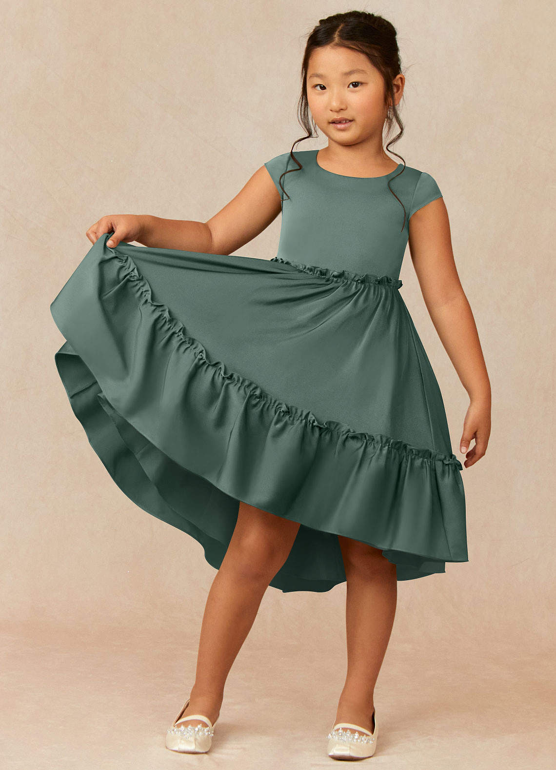Azazie Lee Flower Girl Dresses Sea Moss A-Line Bow Stretch Satin Dress image1