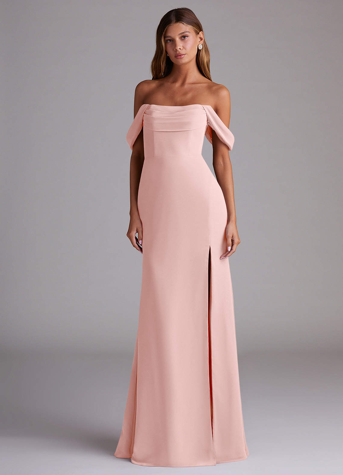 Azazie Saige Bridesmaid Dresses Powder Pink A-Line Off the Shoulder Chiffon Convertible Dress image2