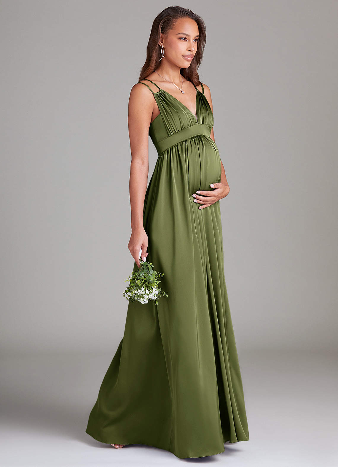 Azazie A-Line V-Neck Floor-Length Tulle Maternity Bridesmaid Dresses - Olive