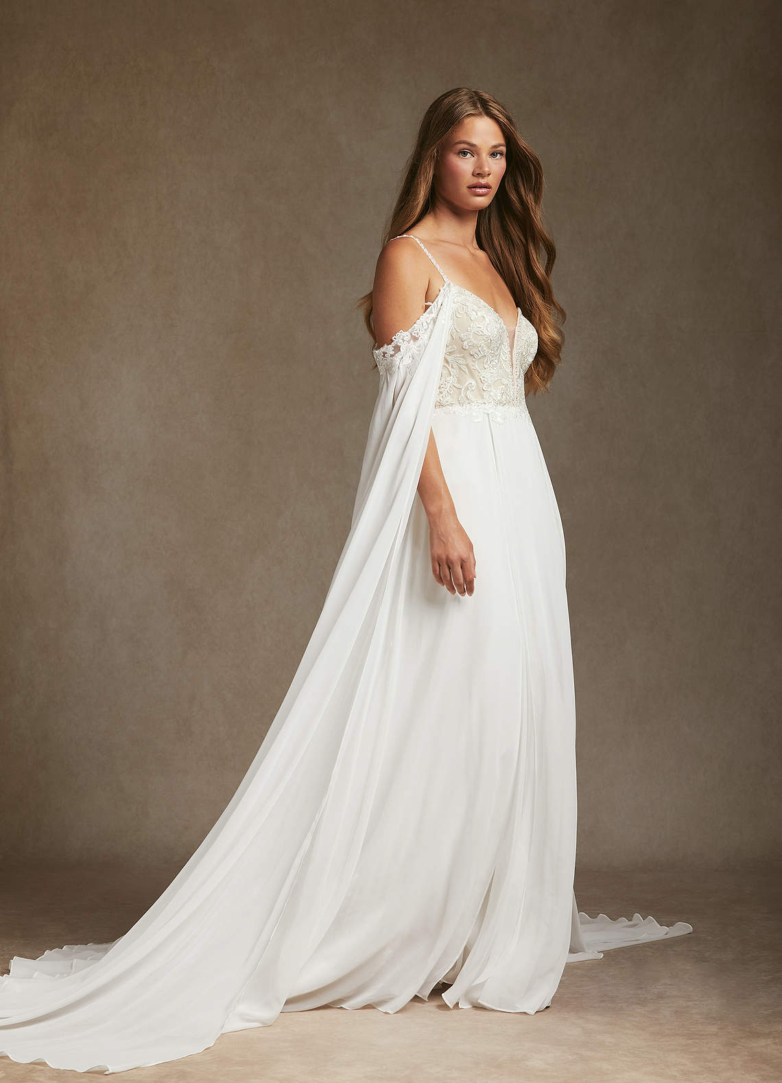 chiffon champagne wedding dress BABARONI BABARONI Chiffon Lace White Wedding Dresses A-line Deep V-Neck Thin Straps With Slit Sweep Train, White / US0