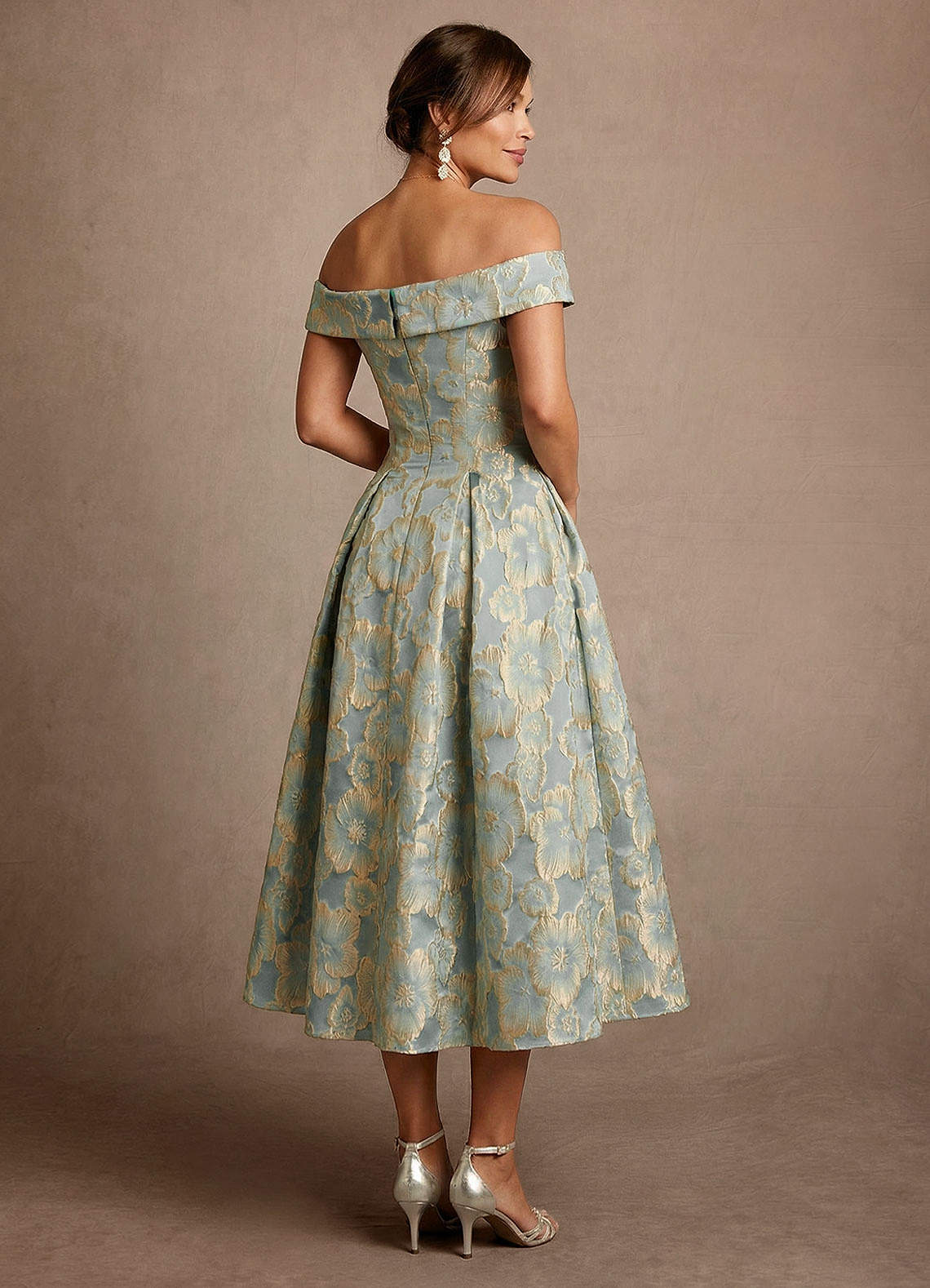 Azazie Centralia Mère de la mariée Robes Robe Trapèze en Jacquard Floral Épaule décolletée Jacquard Bleu Turquoise image2