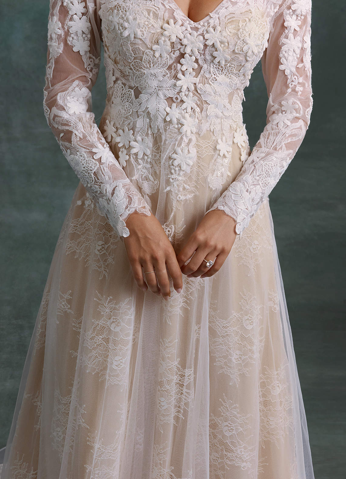 Azazie Leila At-home Try On Dresses Diamond White Nude A-Line V-Neck Sequins Tulle Dress image6