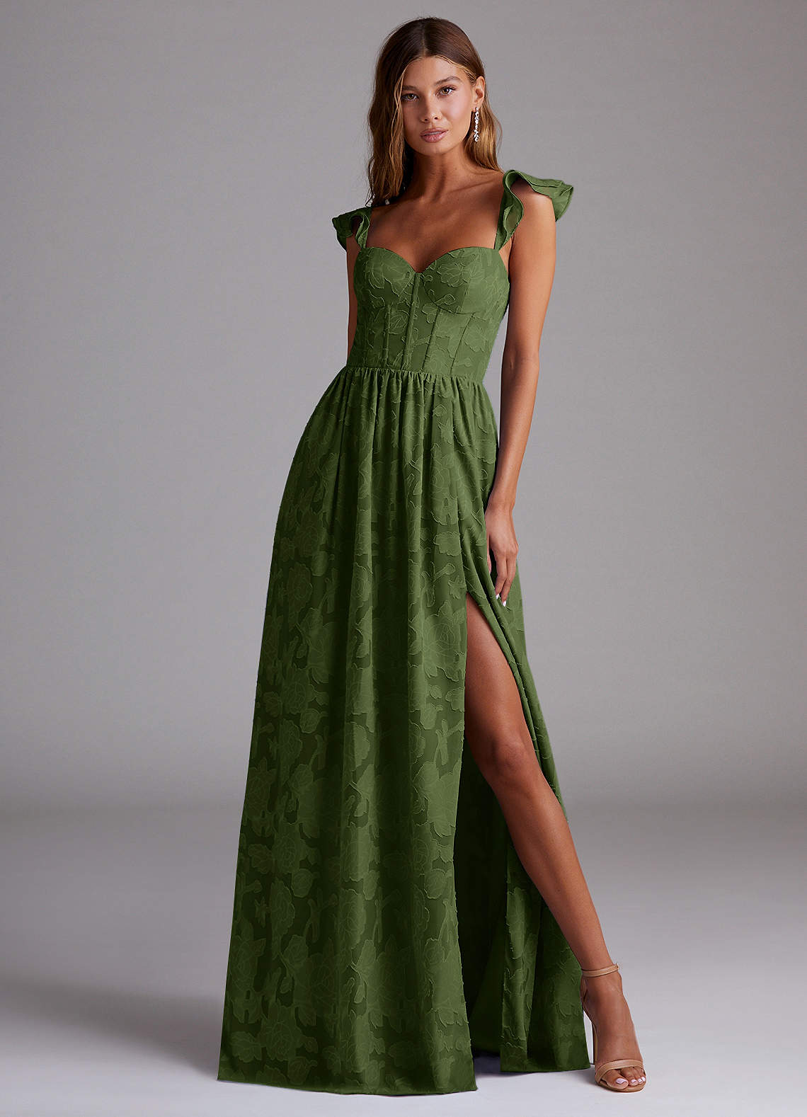Azazie Floor-Length Maxi Dresses Wedding Guest Formal Dresses Sweetheart Ruffles Olive