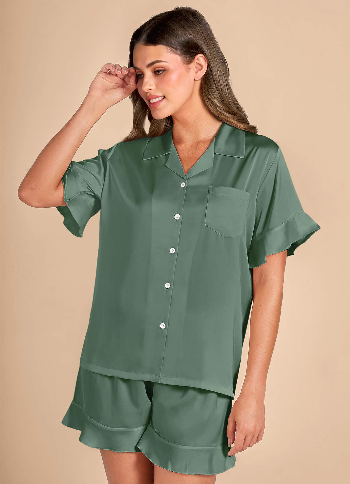 front Ruffled Short Sleeve Pajama Set