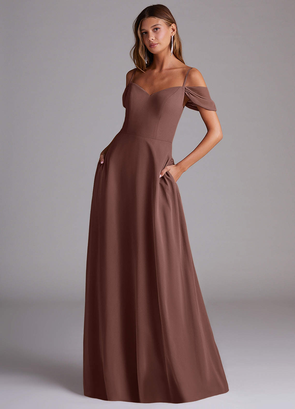 Azazie Marley Bridesmaid Dresses Espresso A-Line Off the Shoulder Chiffon Convertible Dress image1