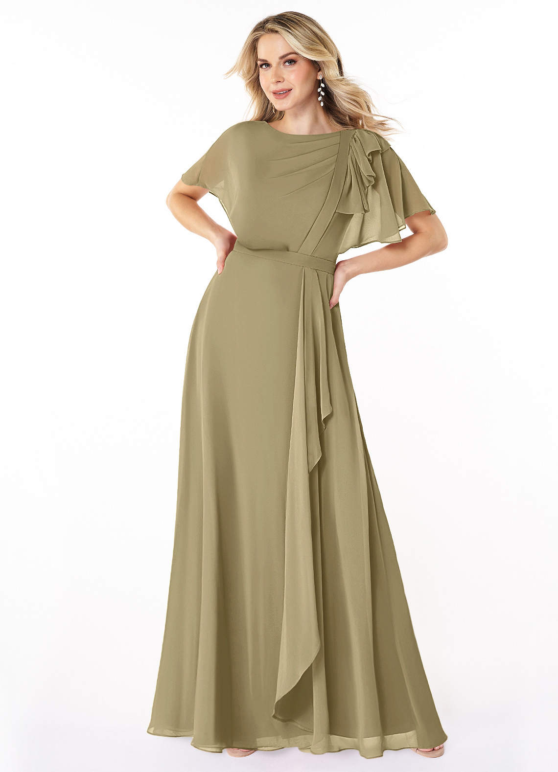 Azazie Aaliyah Abiti da damigella modesti Abito A-Line con Scollo a U a Pieghe Chiffon Floor-Length image1