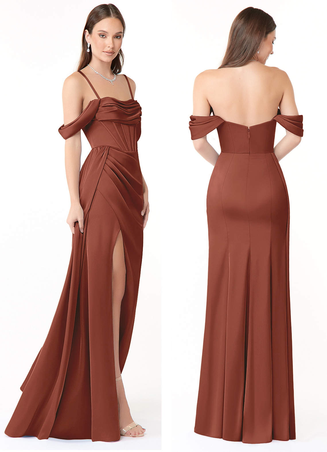 Azazie Amyra Bridesmaid Dresses Auburn Mermaid Off the Shoulder Stretch Satin Convertible Dress image8