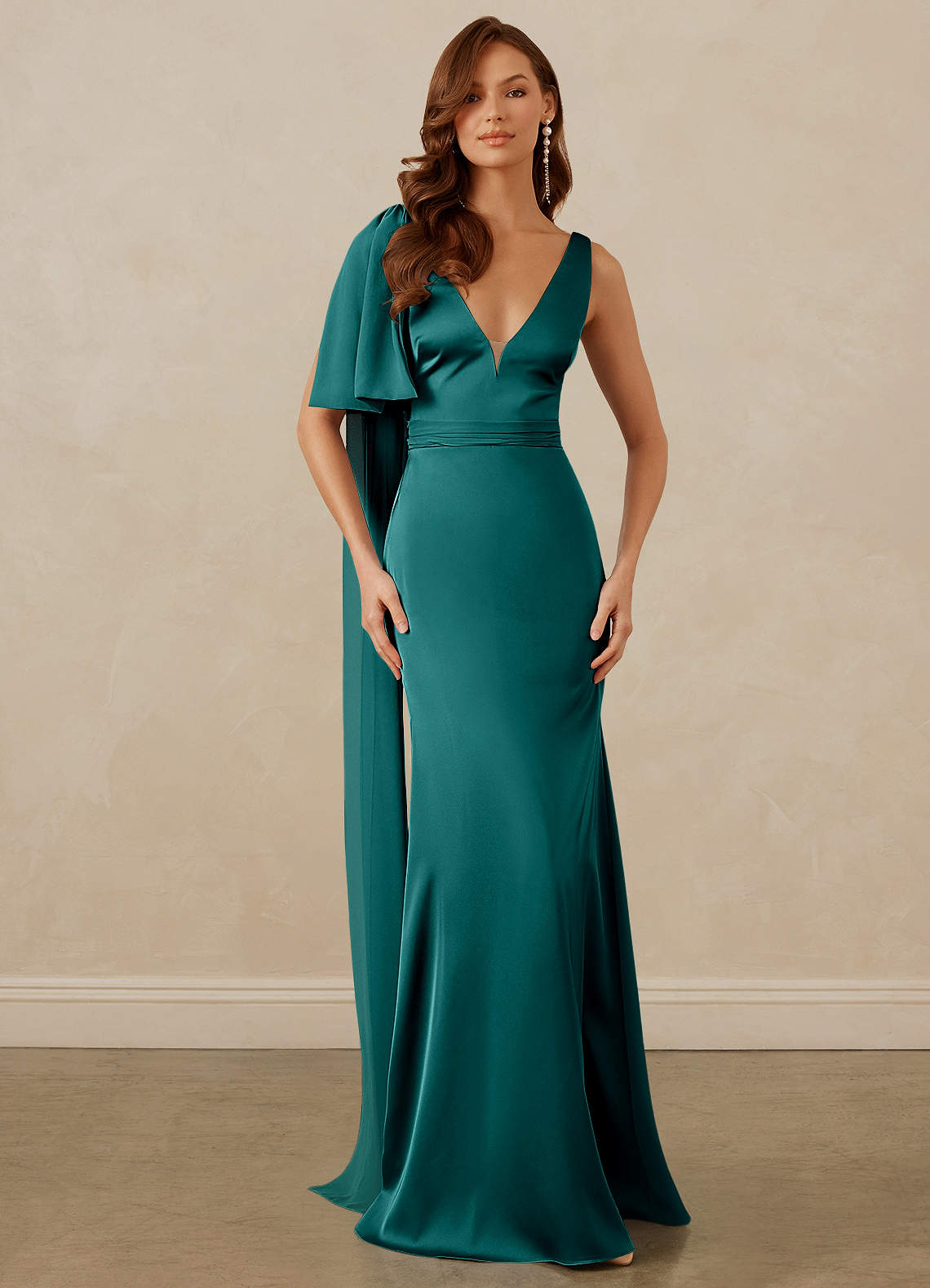 Christian Siriano Bridal for Azazie 1011 Bridesmaid Dresses Peacock Mermaid Bow Stretch Satin Dress image1