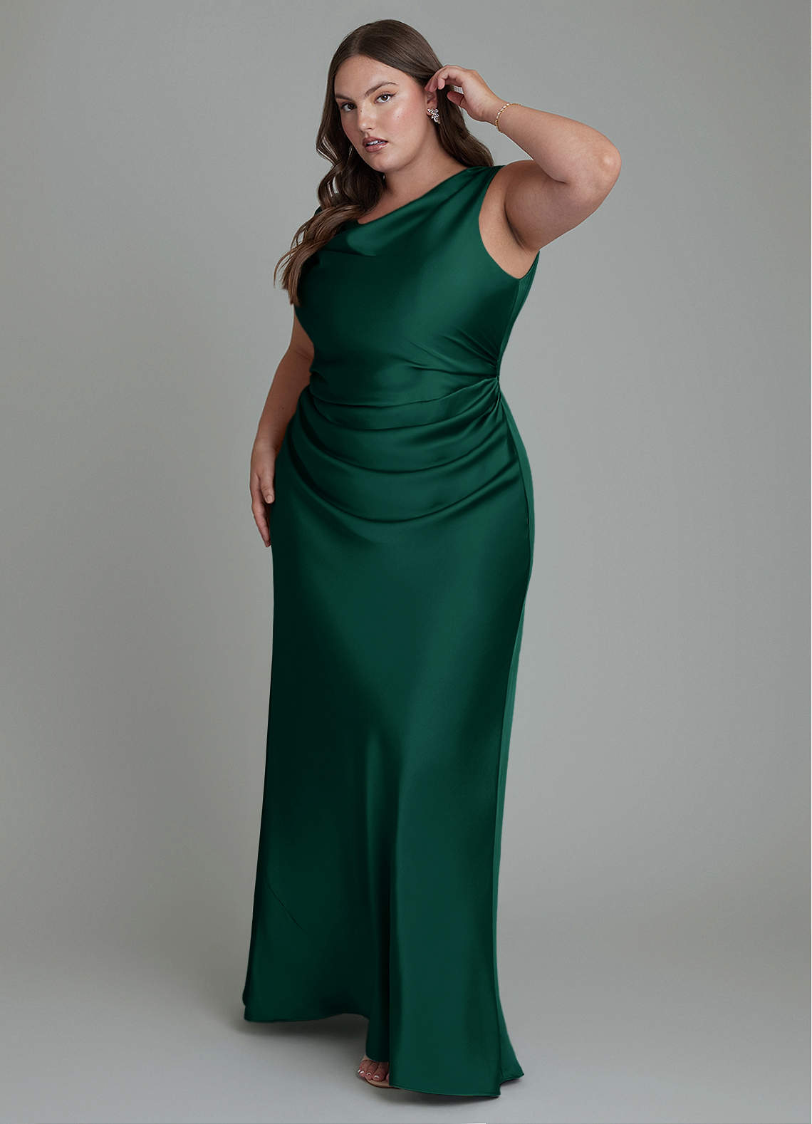Azazie Kieryn Bridesmaid Dresses Emerald Mermaid Pleated Stretch Satin Dress image8