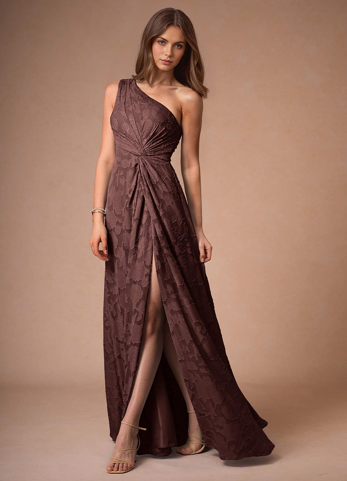 Hermosa Mocha Coco One Shoulder Maxi Dress | Azazie