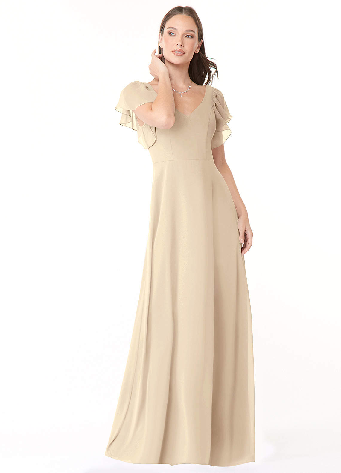 Azazie Syenna Bridesmaid Dresses Champagne A-Line Ruched Chiffon Dress image1
