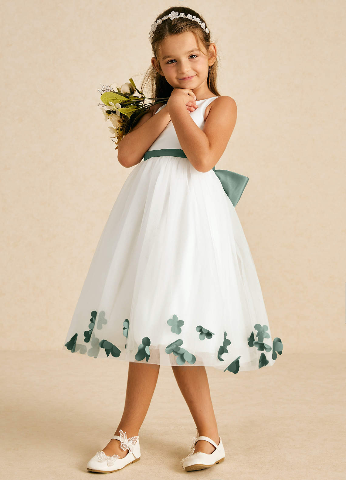 Azazie Dot Flower Girl Dresses Ivory Eucalyptus A-Line Bow Tulle Dress image3