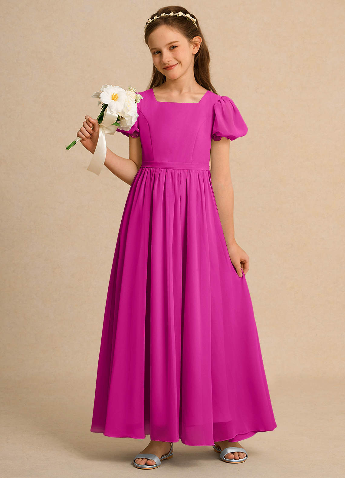 Azazie Lilia Girl Flower Girl Dresses Fuchsia A-Line with Sleeves Chiffon Dress image1