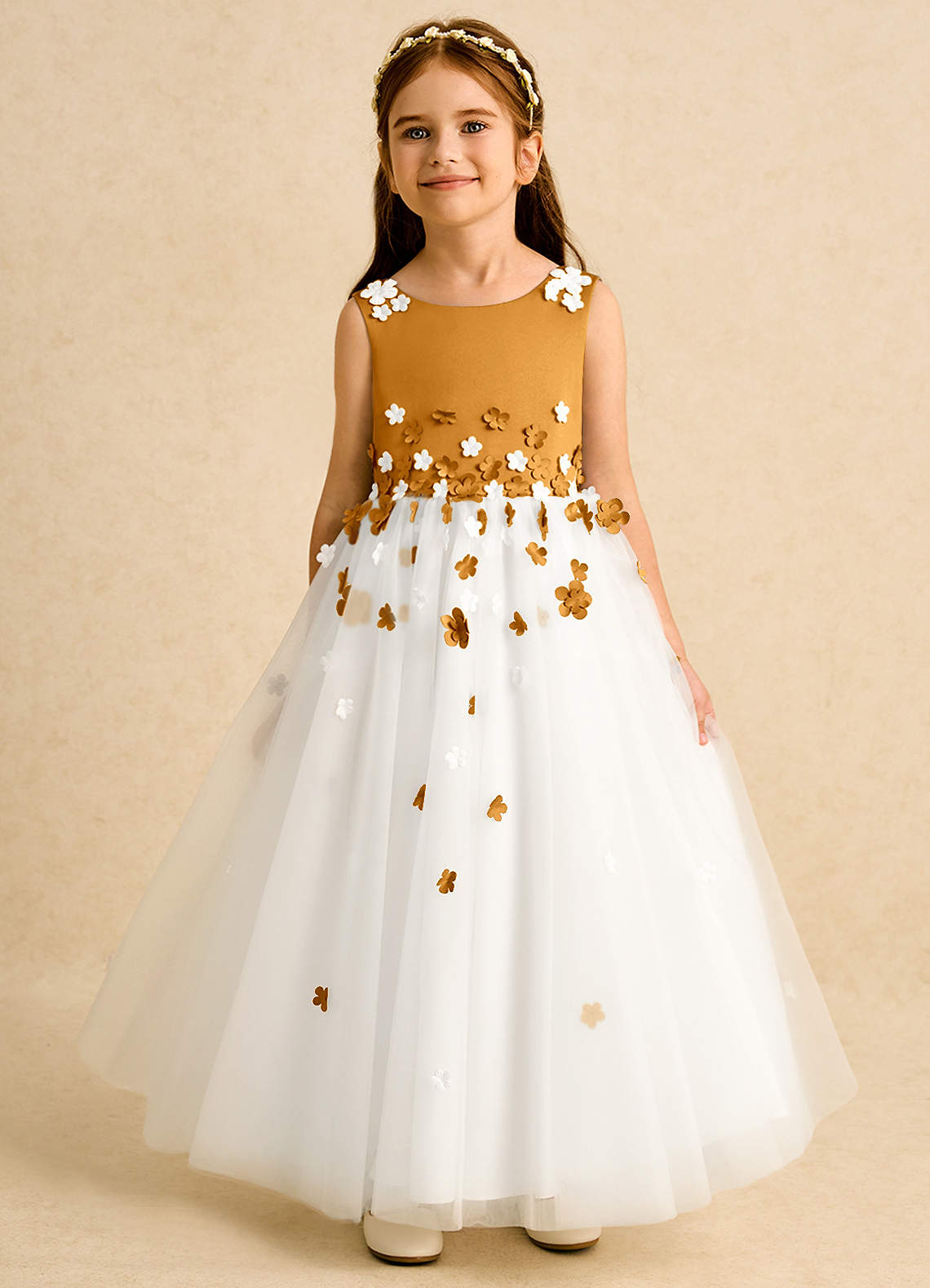 Azazie Eleni Blumenmädchenkleider Ballkleid Schleifen Tüll Kleid Elfenbein Butterscotch image1
