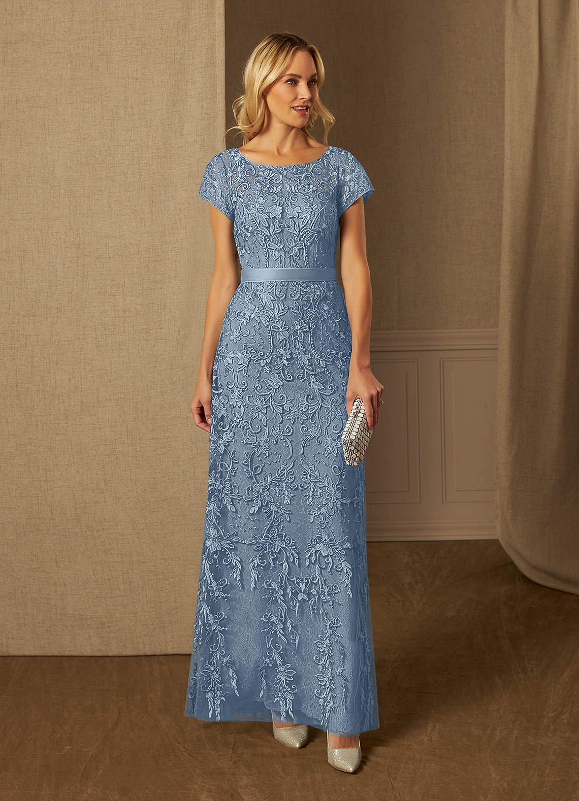 Azazie Dorit Dusty Blue Sheath Scoop Lace Dress Ready to Ship | Azazie
