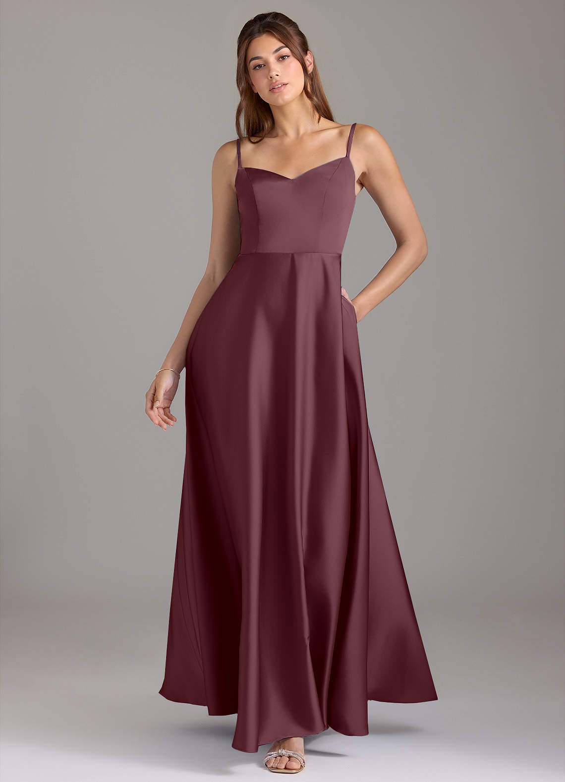 Azazie Marley Bridesmaid Dresses Sangria A-Line Off the Shoulder Stretch Satin Convertible Dress image1