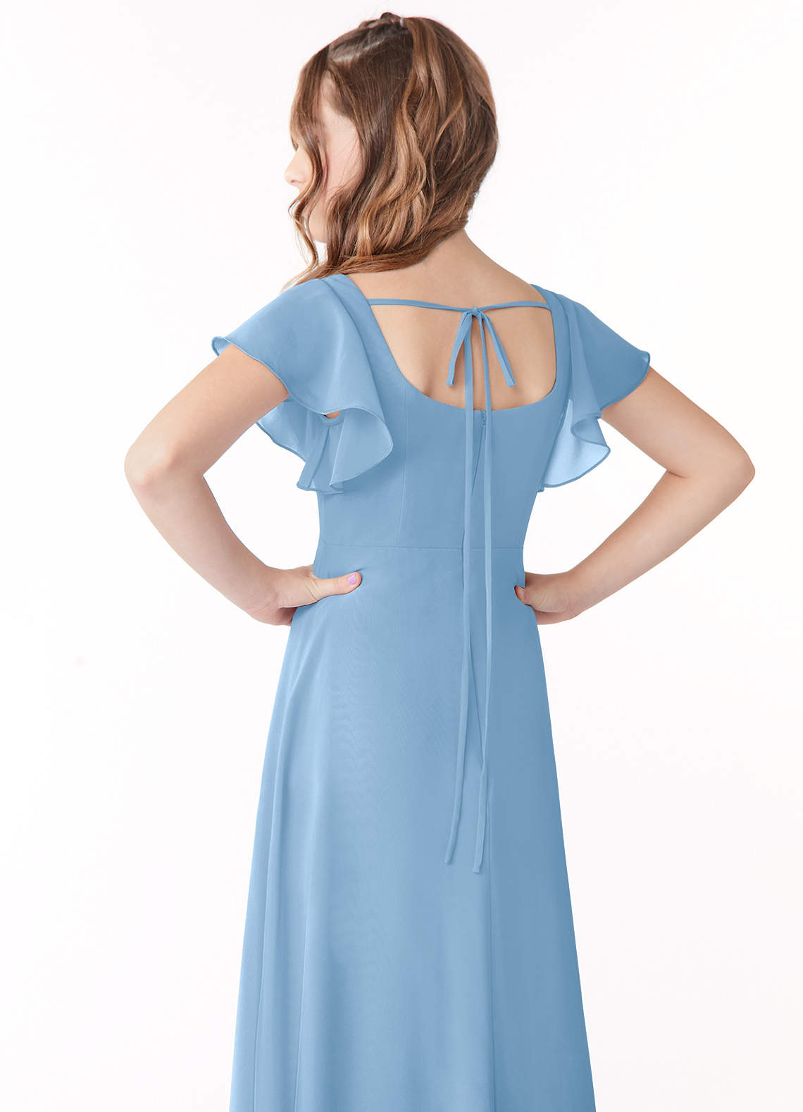 Azazie Bondi Junior Powder Blue A-Line Bow Chiffon Dress image2