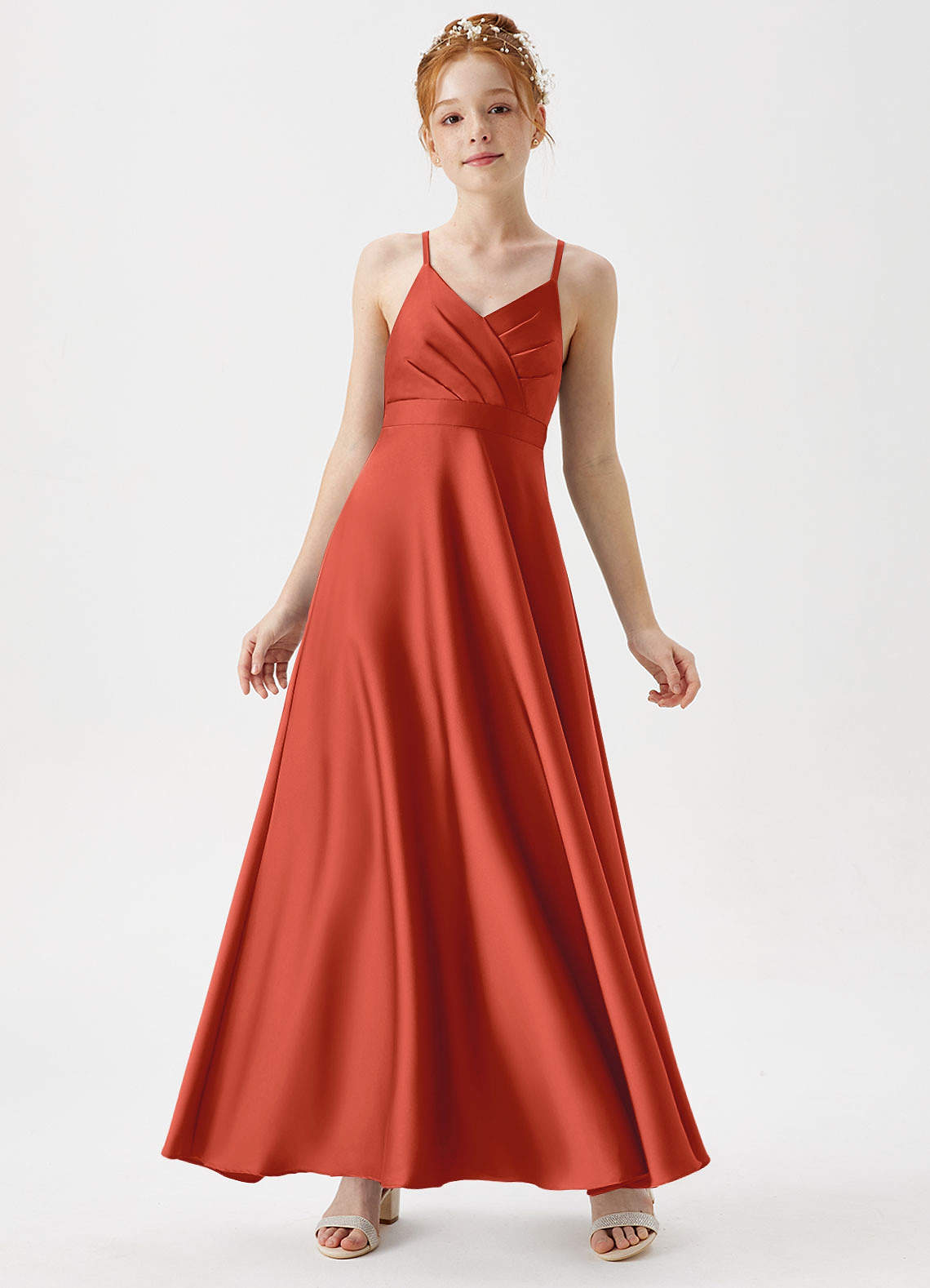 Azazie Avelina Junior A-Linie Plissee Stretch-Satin Kleid Rost image1
