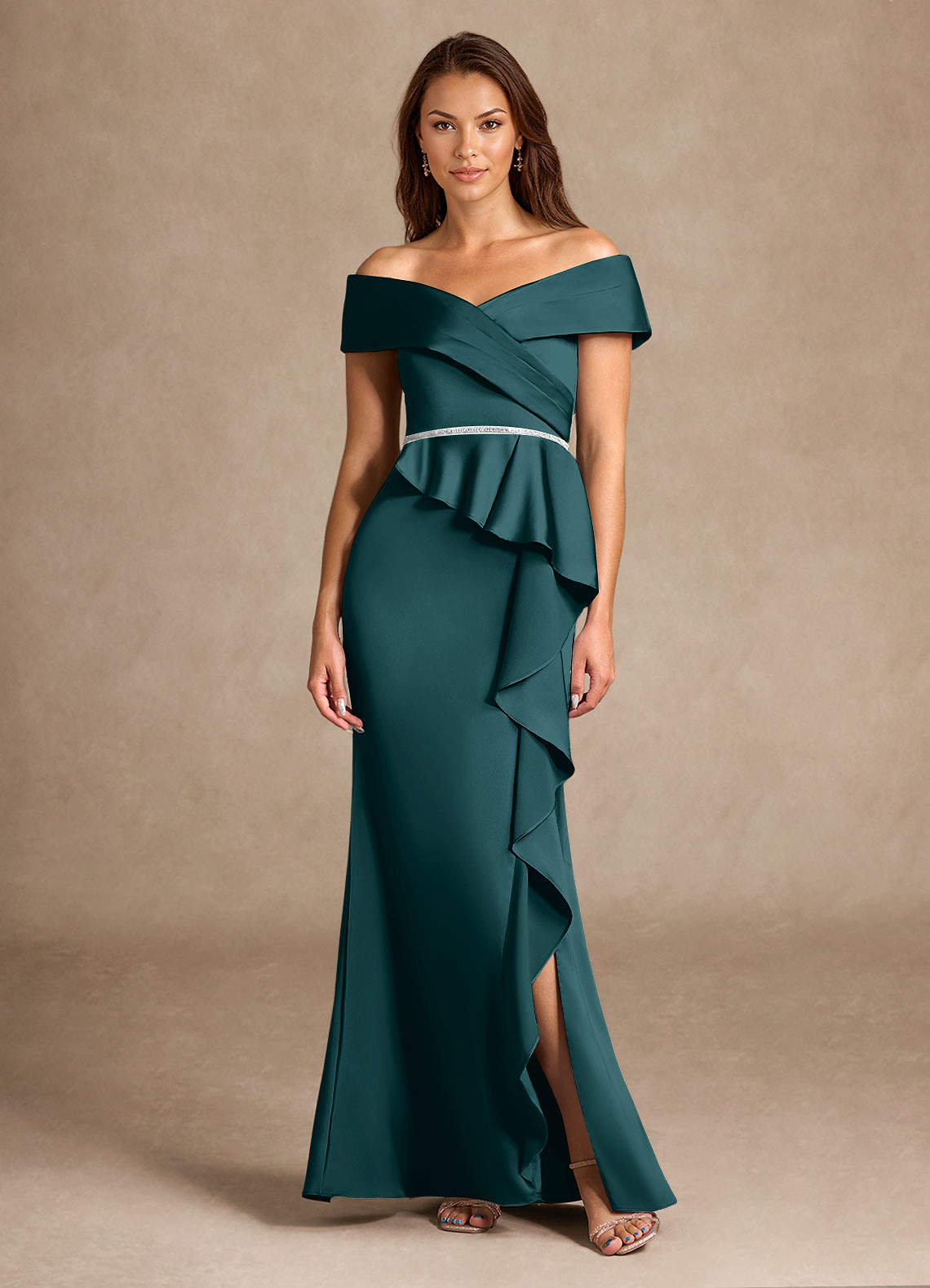 Azazie Dareia Mother of the Bride Dresses Pine Mermaid Off the Shoulder Stretch Satin Dress image1