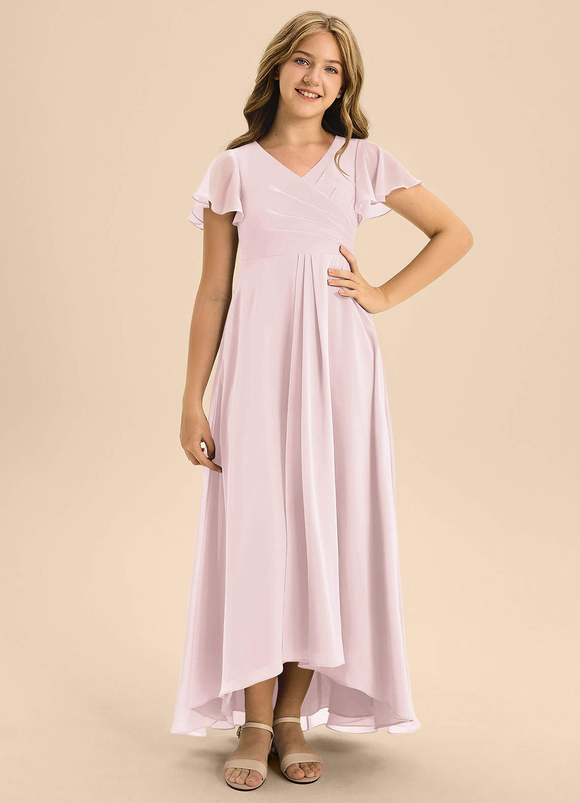 Azazie Induh Junior Blushing Pink A-Line Pleated Chiffon Dress image1